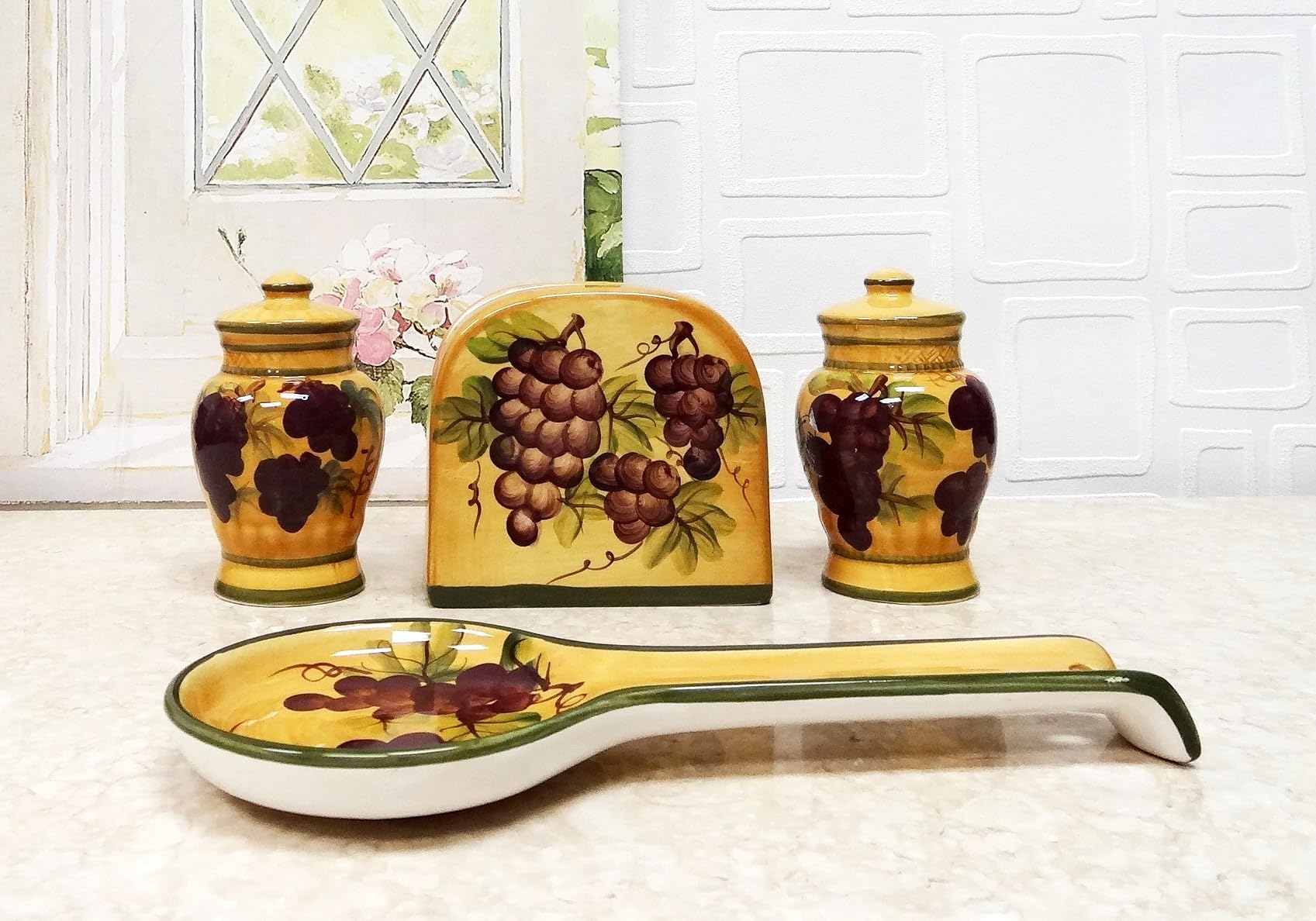Ceramic Spoon Rest - Grape Wine Design Kitchen Counter Utensil Holder for Spoon, Ladle & Spatula | Elegant Cooking Tool & Décor for Stovetop, Countertop & Dining Table