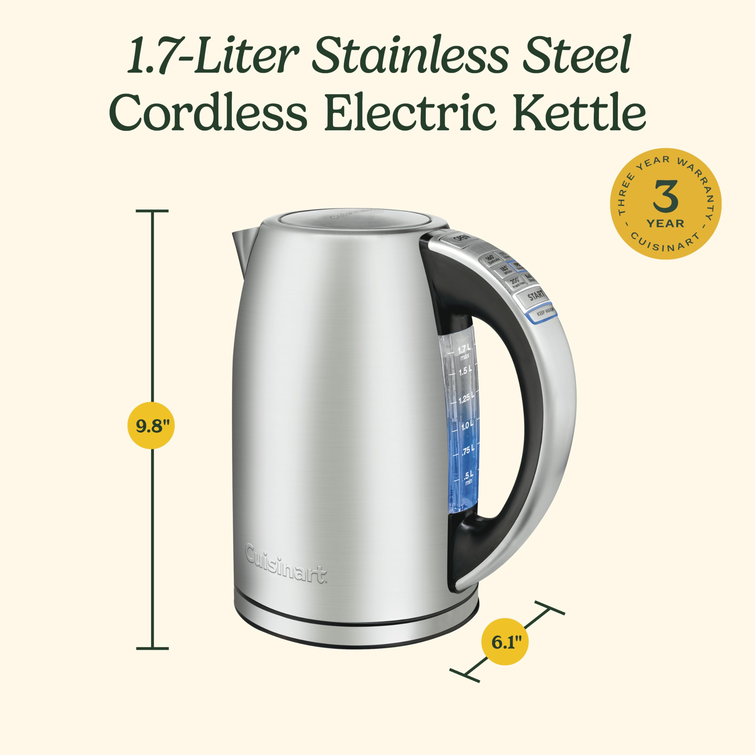 Cuisinart CPK-17 PerfecTemp 1.7-Liter Stainless Steel Cordless Electric Kettle - Fast Boiling for Tea, Coffee & Instant Meals - Perfect for Home, Office & Dorm Use