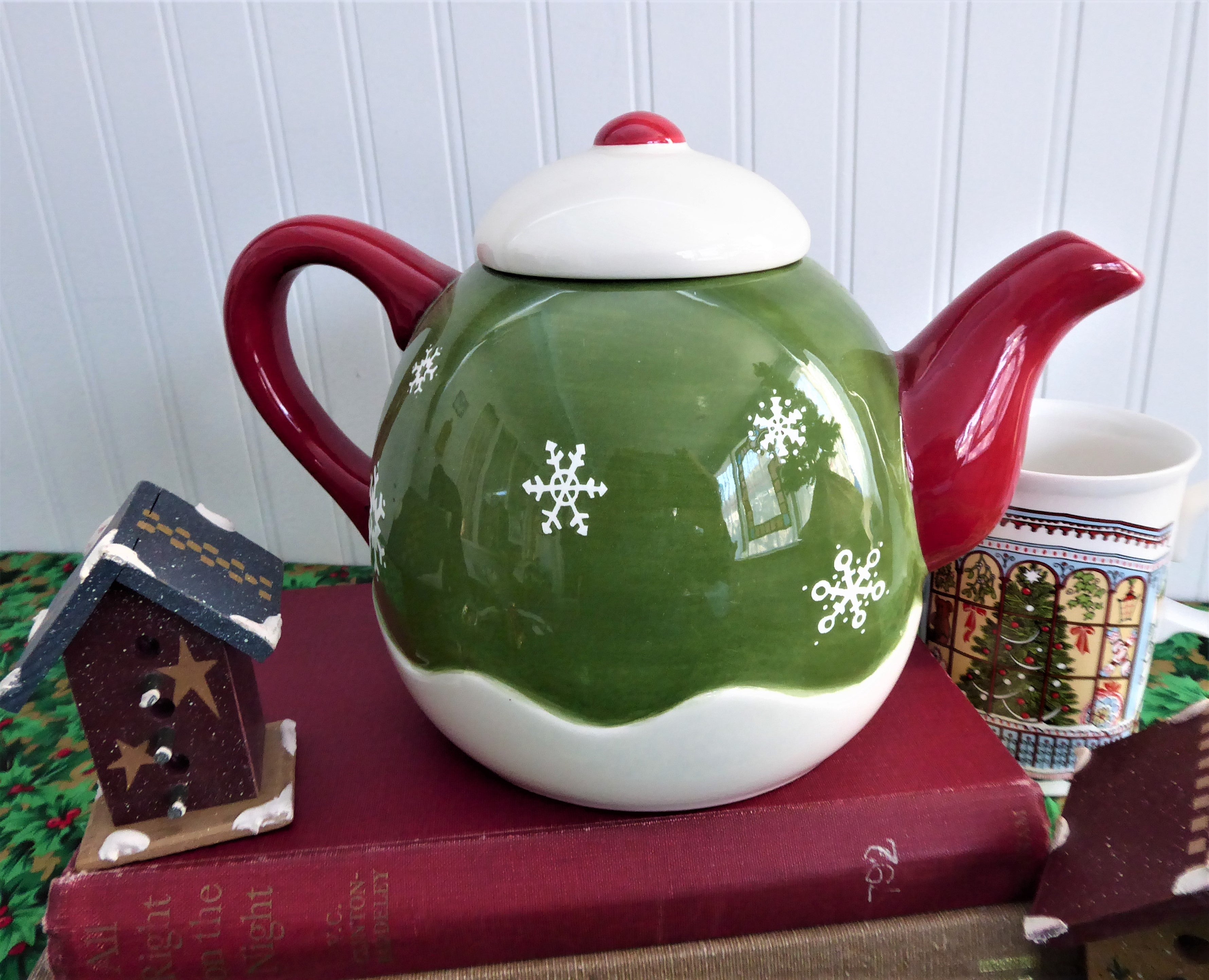 Debbie Mumm Christmas Winter Folk Art Teapot with Bear and Raccoon Design - Large Holiday Teapot for Winter Decorations, Gift Giving & Cozy Tea Time