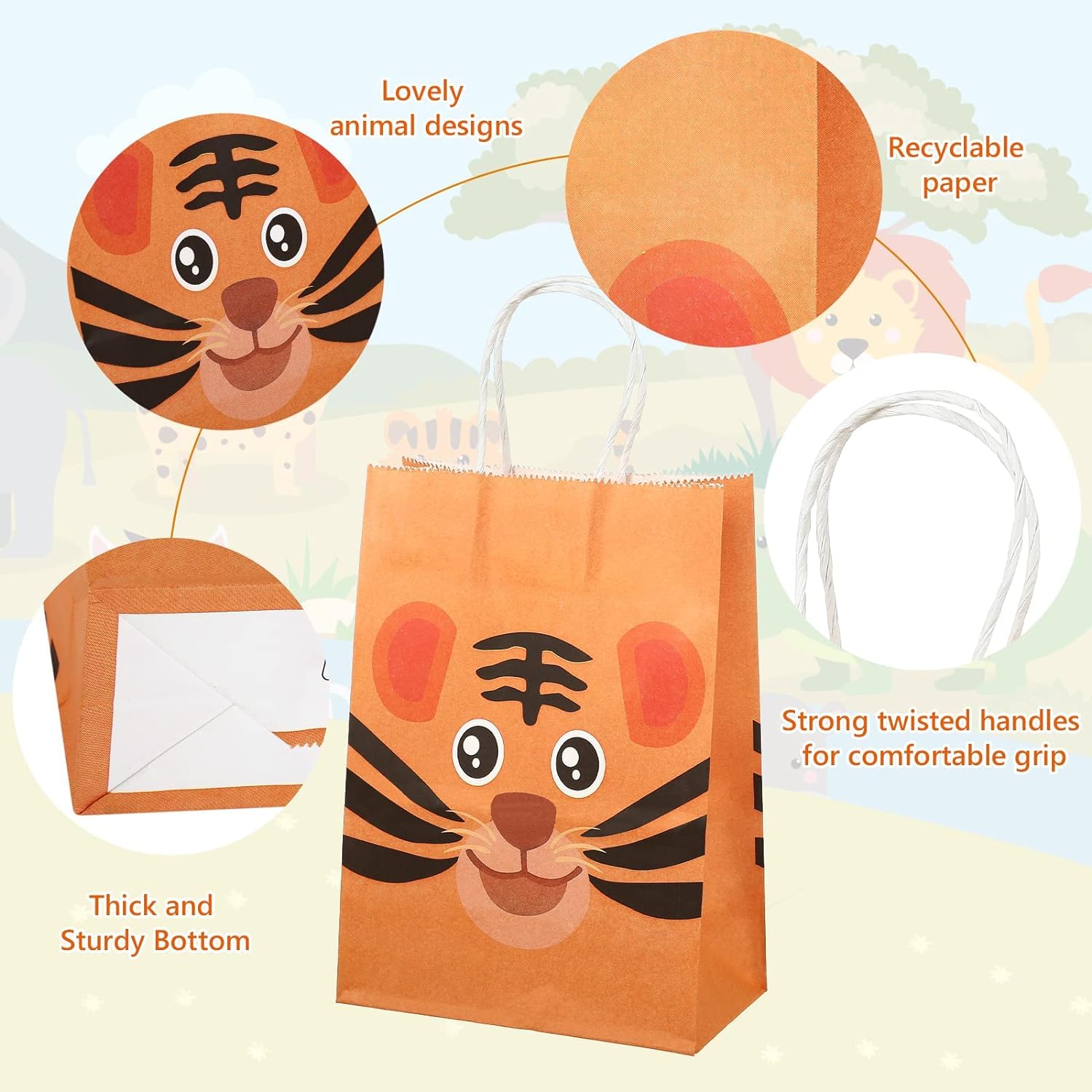 12 Pack Jungle Animal Themed Kraft Paper Treat Bags with Handles - Safari Baby Shower & Kids Birthday Party Favors - Perfect for Candy, Goodie Gifts & Party Decorations