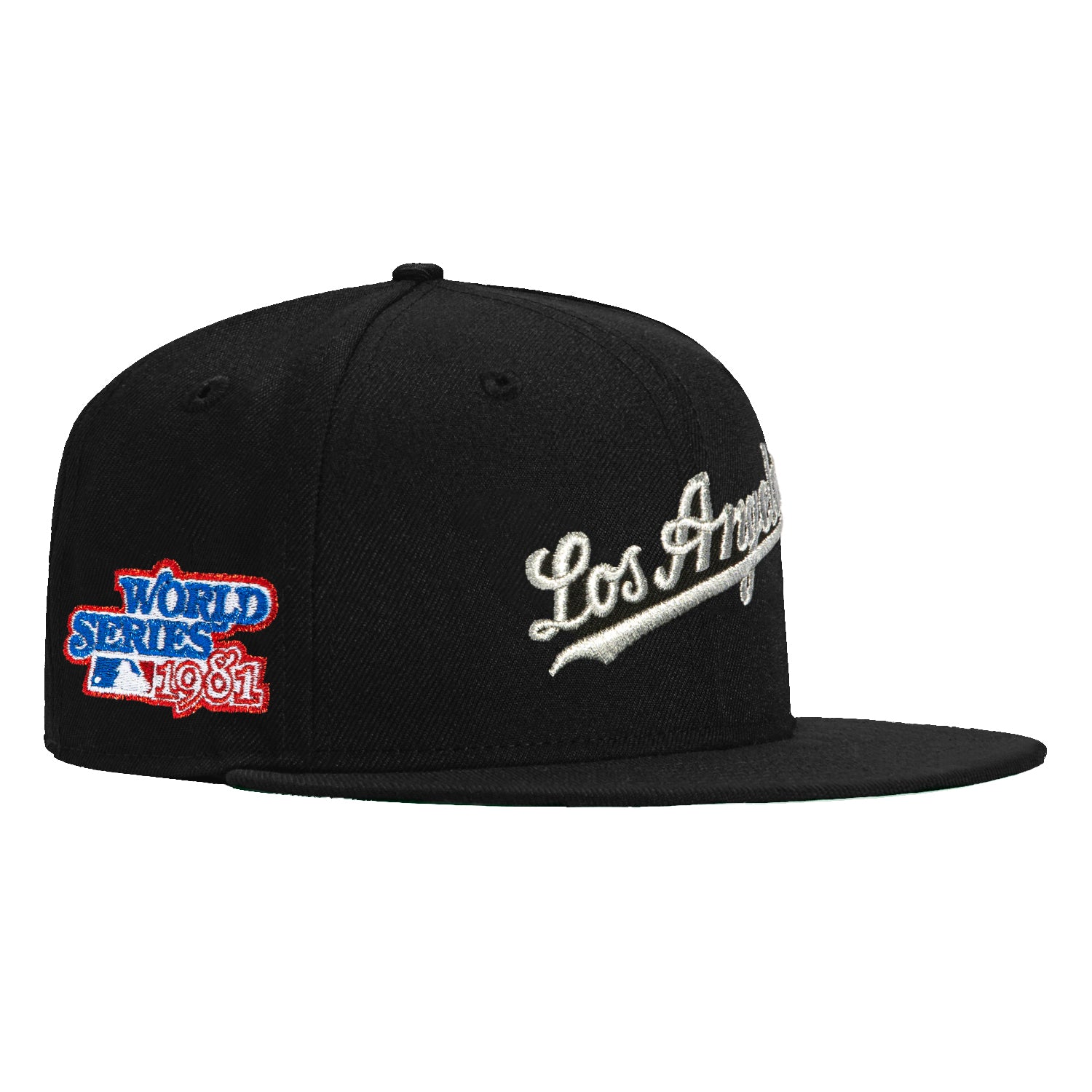 New Era 59Fifty Los Angeles Dodgers 1981 World Series Patch Script Hat - Black & Metallic Silver | MLB Baseball Cap for Men & Women | Game Day, Sports Fan Gift, Casual Wear