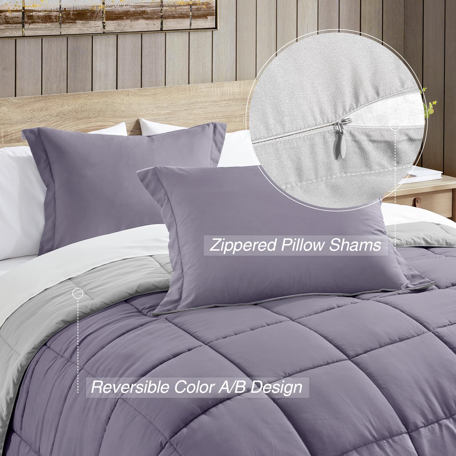 Satisomnia Full Size Comforter Set - 3 Piece Purple Down Alternative Bedding, Lightweight & Breathable Reversible Quilted Comforter for All Seasons | Soft Bed Set for Master Bedroom, Guest Room & Dorm