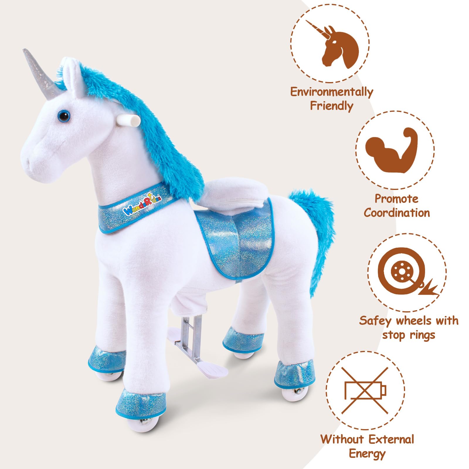 WondeRides Blue Unicorn Rocking Horse Toy for Kids - 30.1 Inch Plush Mechanical Riding Pony with Wheels, Ages 3-5 Years | Perfect for Indoor Play, Birthday Gifts & Toddler Motor Skill Development