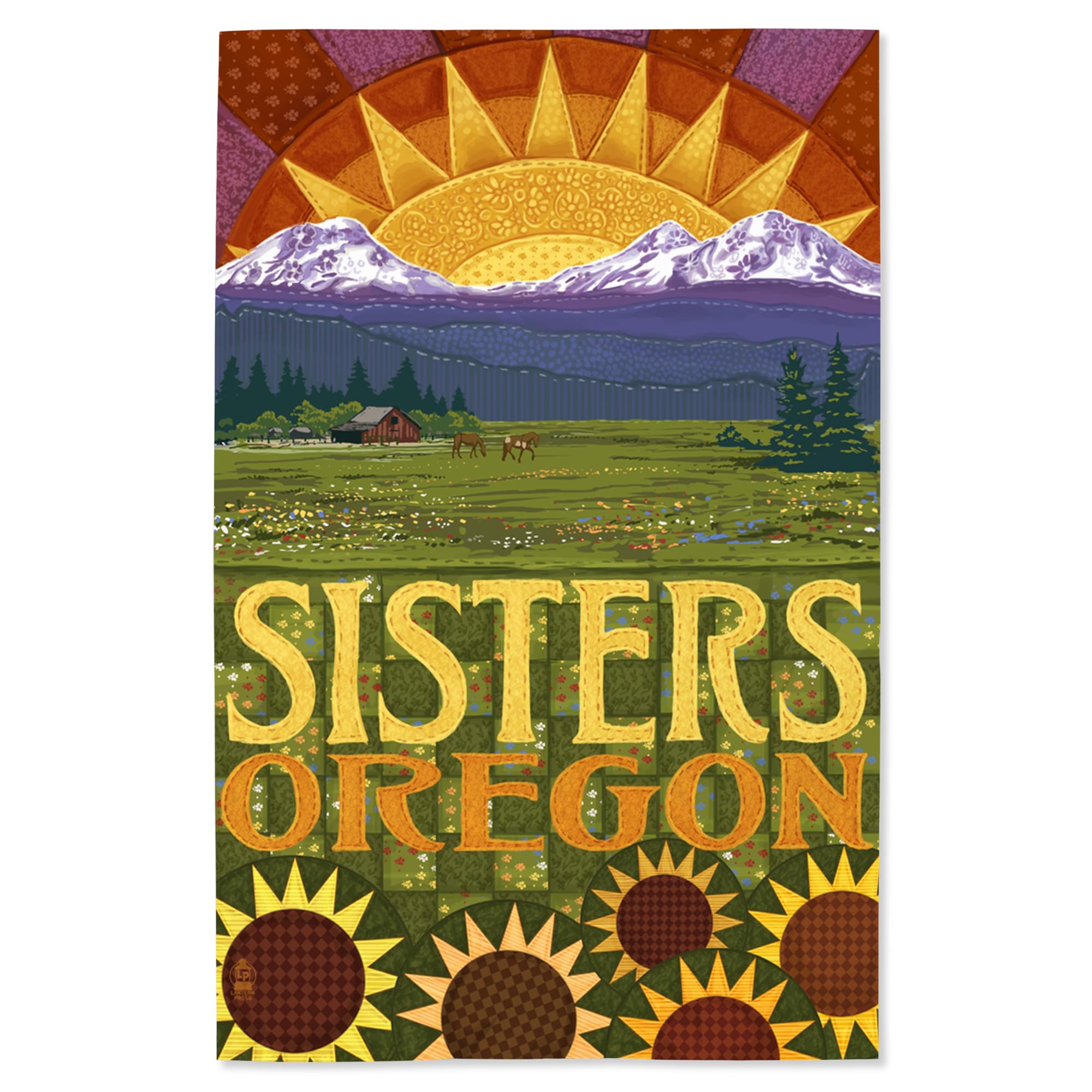 Lantern Press 16x24 Inch Giclee Art Print - Sisters Oregon Landscape with Mountain Meadow Quilt Design | Wall Decor for Living Room, Bedroom & Office