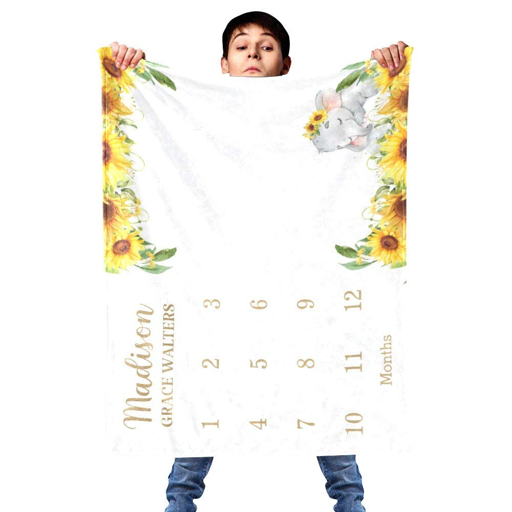 Personalized Baby Blanket with Elephant & Sunflower Design - Custom Name Swaddle Blanket for Newborns (30x40 Inches) | Perfect for Monthly Milestone Photos, Nursery Decor & Baby Shower Gifts
