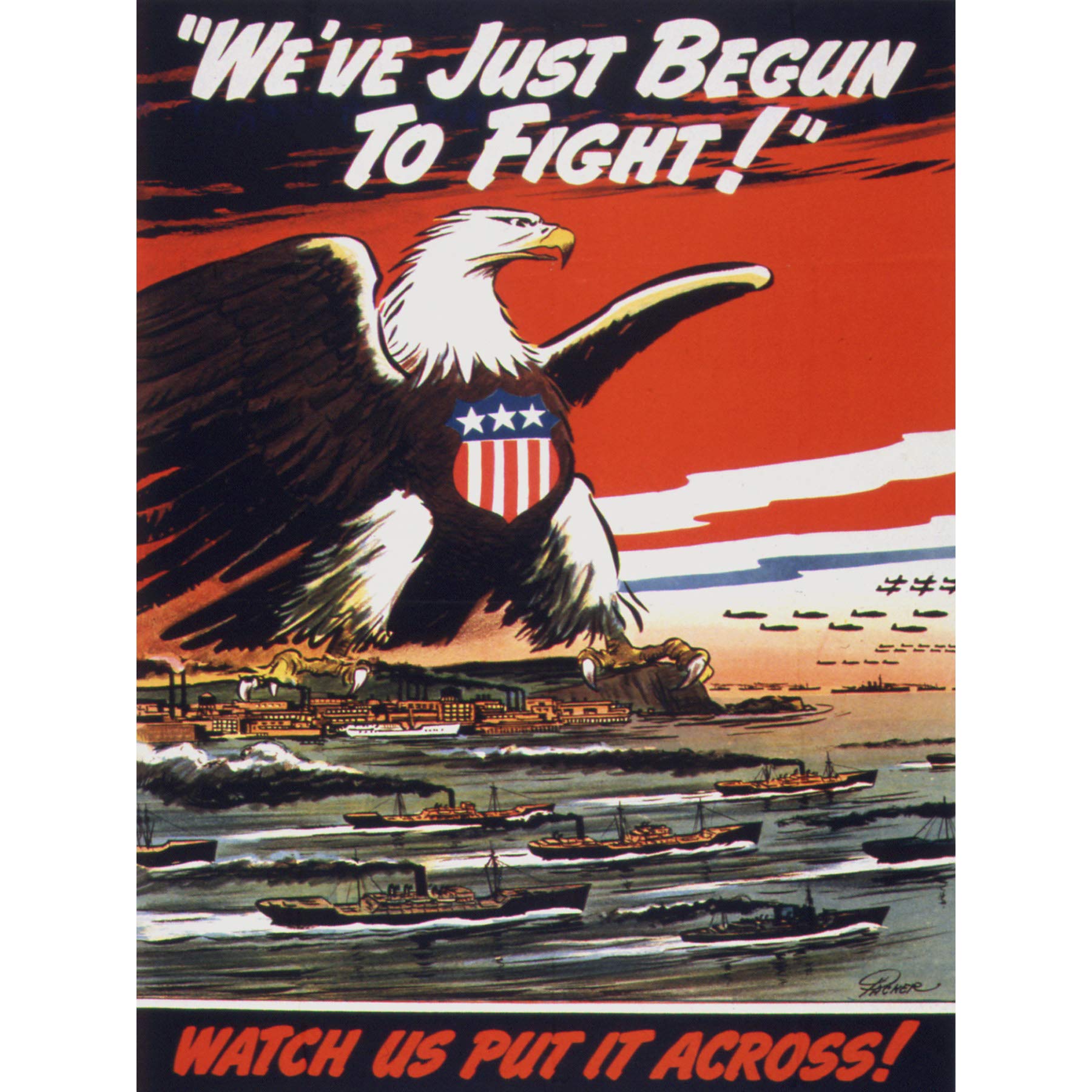Vintage WWII USA Eagle Battleships Military Wall Art Poster - 18x24 Inch Large Print on Thick Paper - Perfect for Home Office Decor, Man Cave, or History Classroom Display