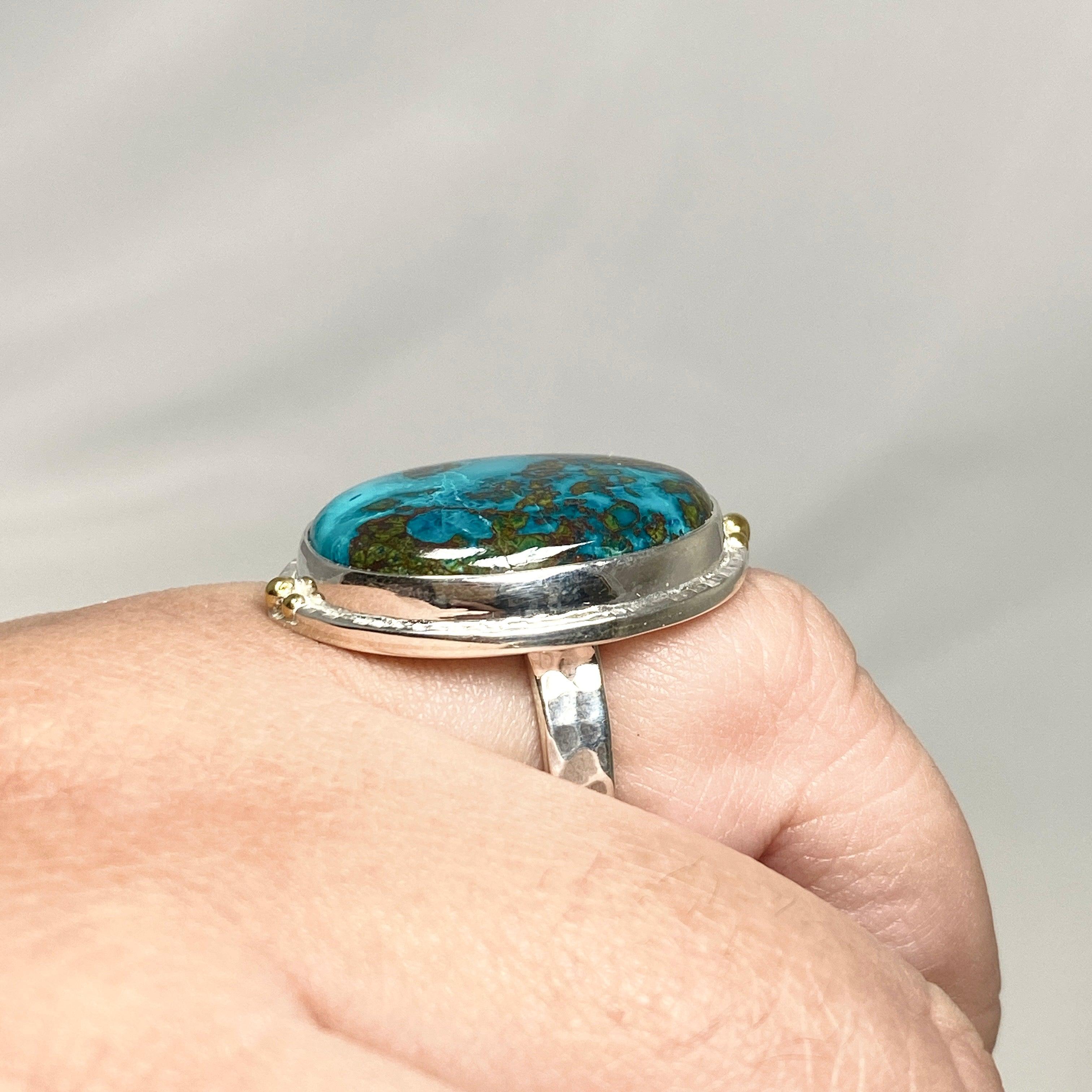 Chrysocolla and Shattuckite Oval Ring with Brass Accents - Size 11 - KRGJ3226 - Perfect for Boho Jewelry Lovers & Spiritual Healing