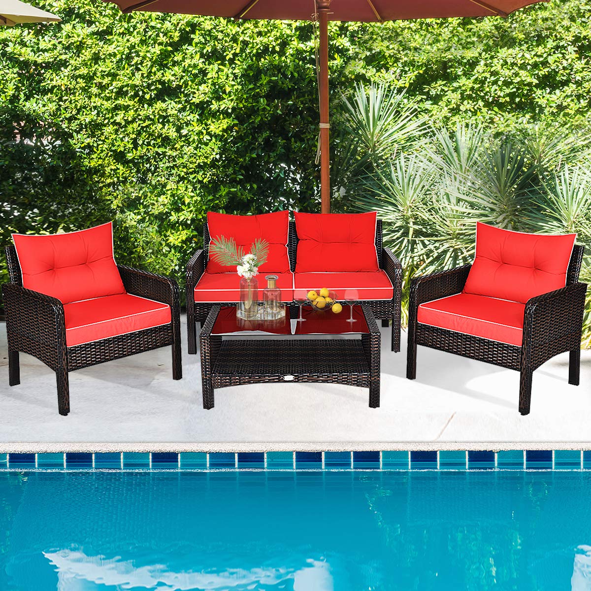 HAPPYGRILL 4-Piece Rattan Patio Furniture Set with Cushions & Coffee Table - Perfect for Outdoor Relaxation