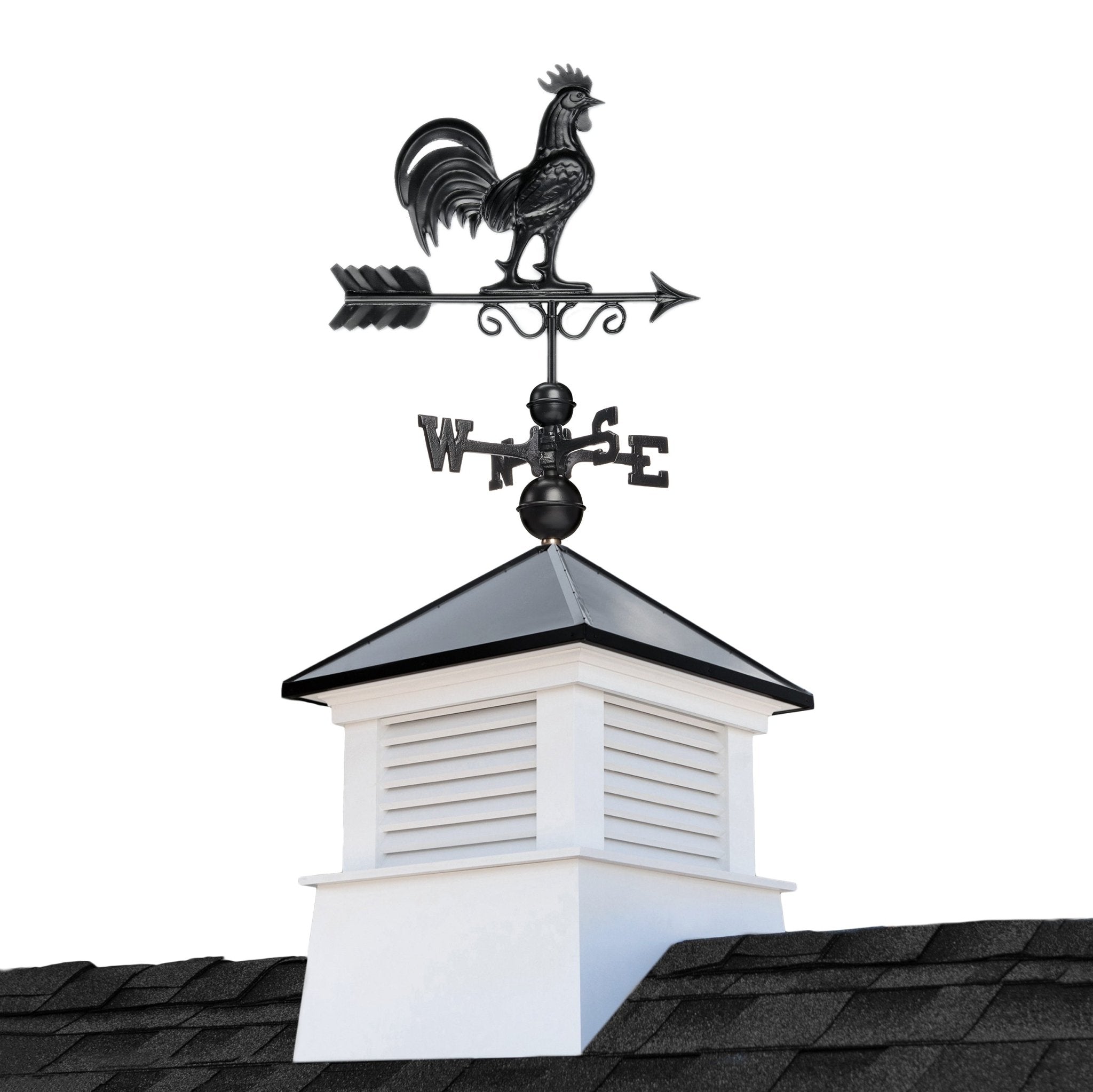 18 Square Manchester Vinyl Cupola with Black Aluminum Roof & Rooster Weathervane - Perfect for Barn, Shed, or Garage Decoration