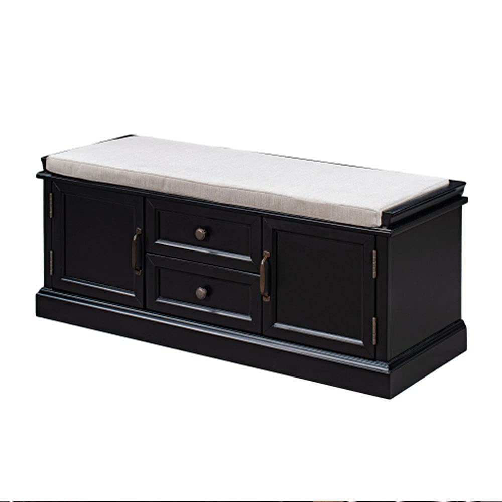 Storage Bench with 2 Drawers & Cabinets - Shoe Bench with Removable Cushion for Entryway, Living Room (Black) | Perfect for Organizing Shoes, Hats & Home Decor