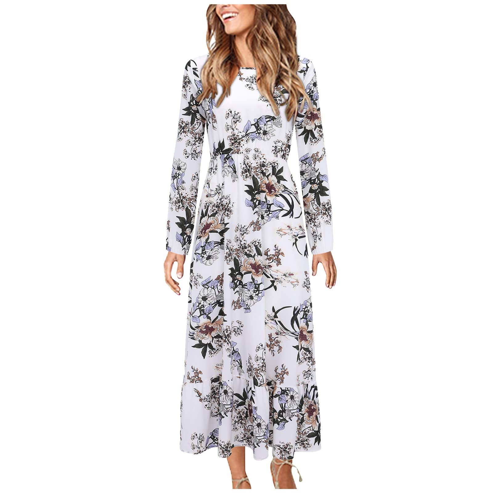 Elegant Women's Long Sleeve Floral Printed Casual Dress with Ruffle & Tulle Details - Perfect for Holiday Parties, Weddings & Special Occasions