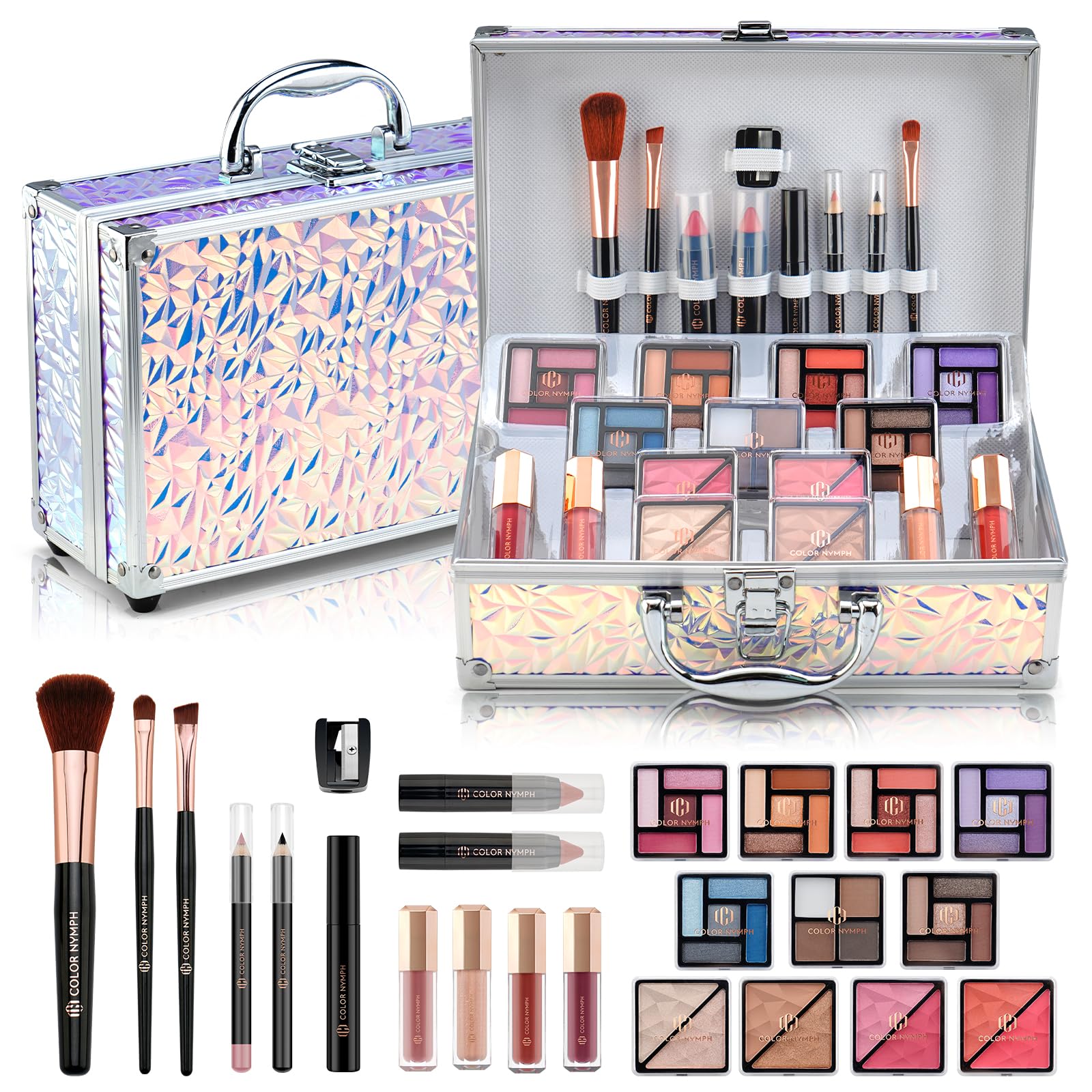 Professional Color Nymph Makeup Kit for Women & Teens - 35 Color Eyeshadow Palette with Lipstick, Blush, Brushes, Lip Gloss & Mascara - Full Cosmetics Set in Travel Case for Everyday Makeup & Special Occasions