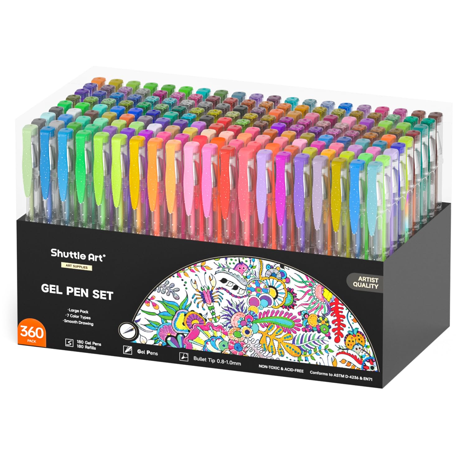 Shuttle Art 360 Pack Gel Pens Set - 180 Vibrant Colors Gel Pens with 180 Refills | Perfect for Adult Coloring Books, Doodling, Drawing & Art Projects | Ideal for Artists, Students & DIY Craft Enthusiasts