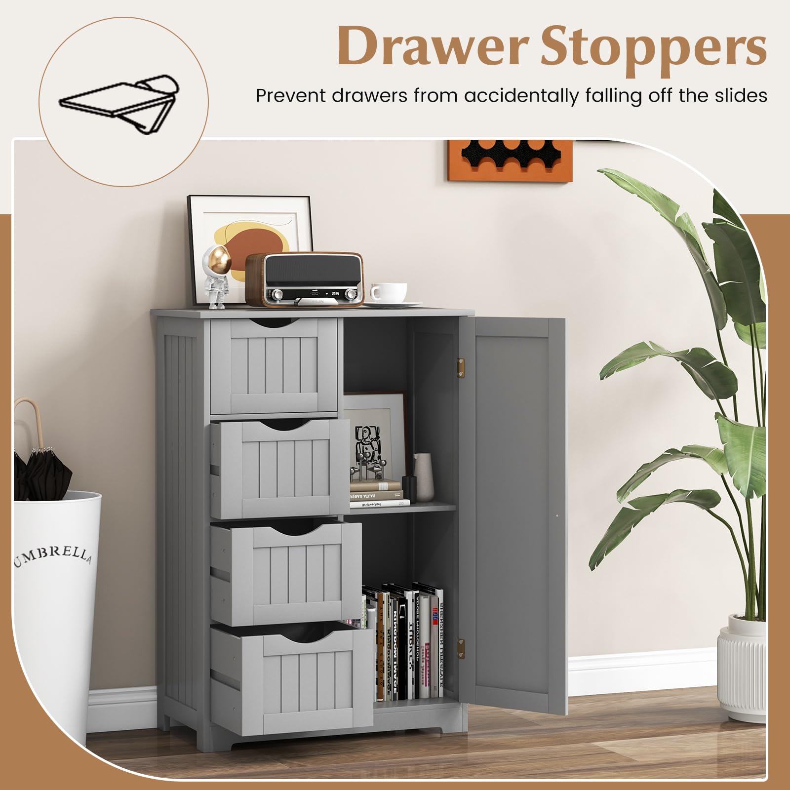 Giantex 4-Drawer Bathroom Storage Cabinet with Cupboard & Adjustable Shelf - Anti-Tip Floor Cabinet for Bathroom, Entryway, Living Room Organization (Gray) | Space-Saving Storage Solution for Towels, Toiletries & Home Essentials