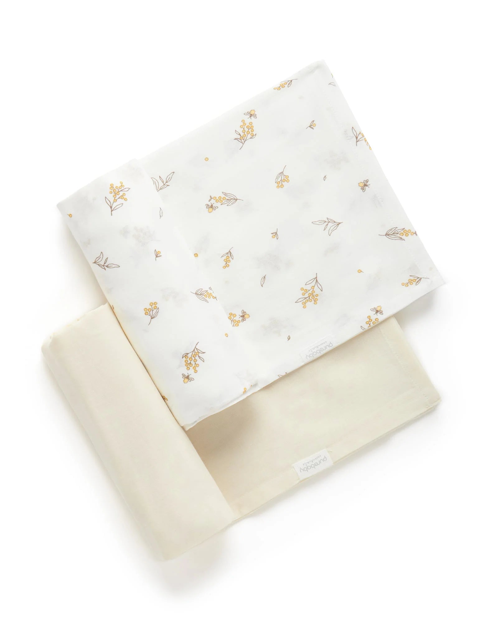 Purebaby Organic Muslin Swaddle Blankets 2-Pack - Soft Breathable Baby Wrap for Newborns & Infants - Vanilla Wattle Bee Print - Perfect for Swaddling, Nursing Cover & Stroller Blanket