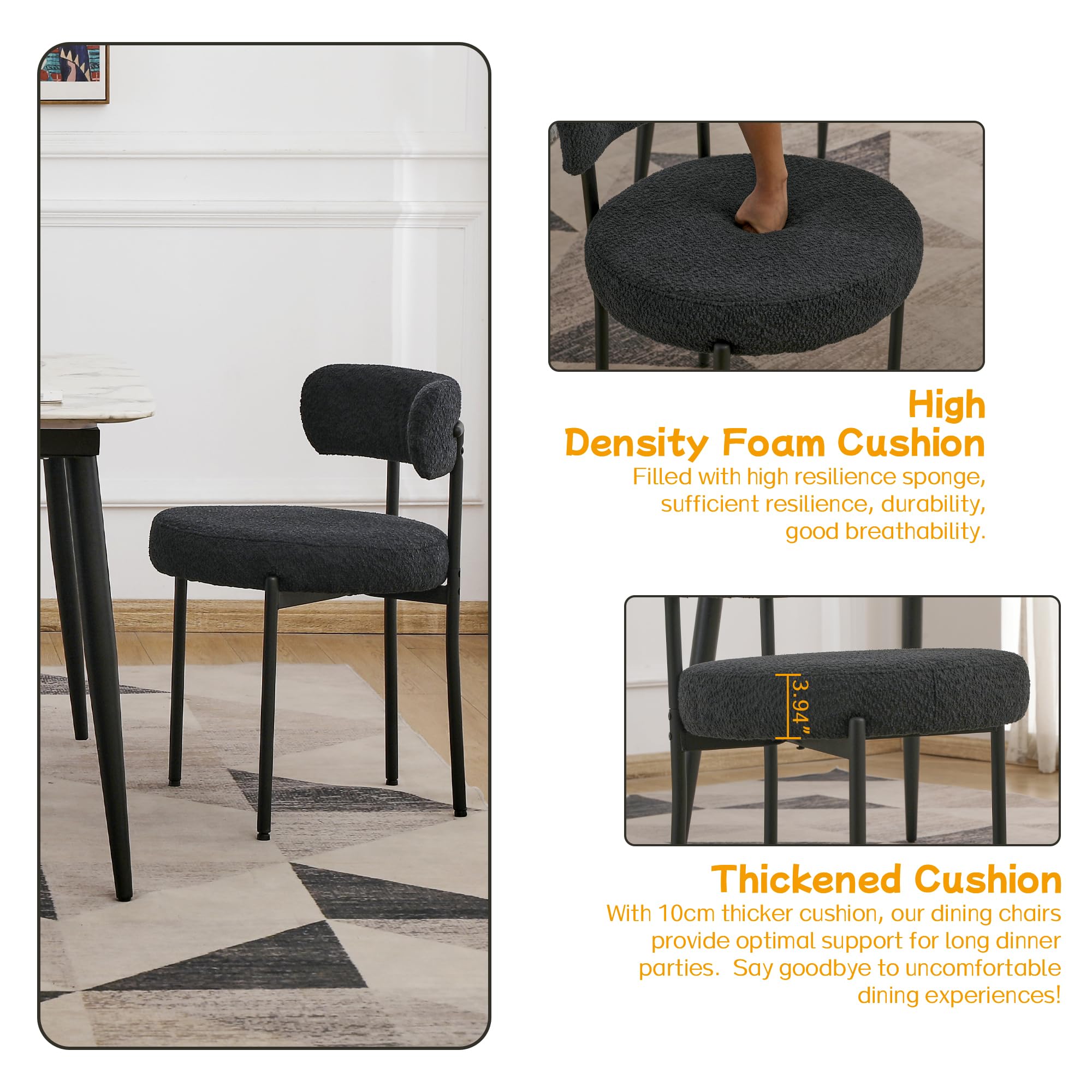EDWELL Black Boucle Dining Chairs Set of 4 - Mid Century Modern Upholstered Kitchen Chairs with 3.94