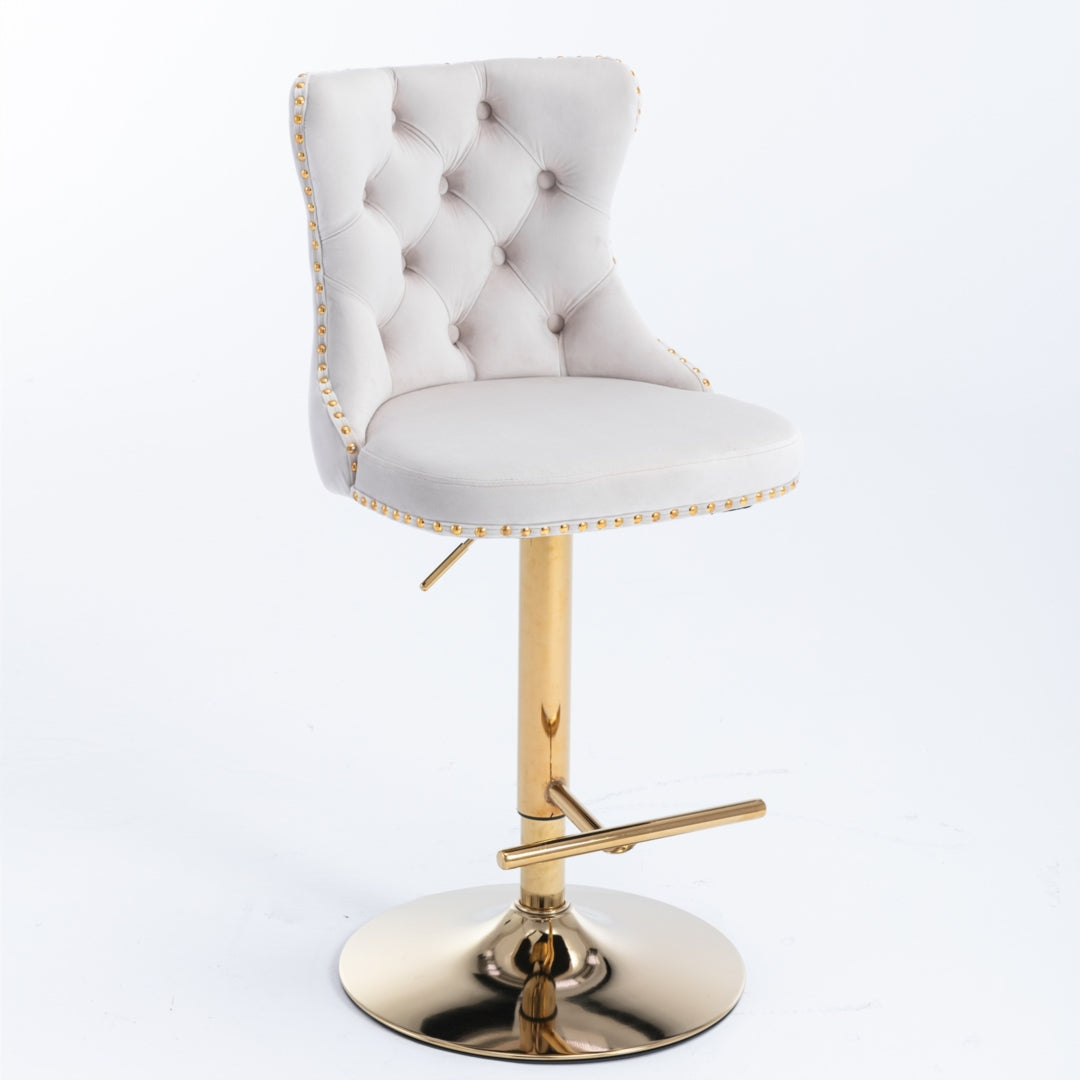 Adjustable Height Swivel Bar Stools with Footrest - Velvet Upholstered, Gold Metal Base, Beige - Perfect for Kitchen Islands, Home Bars & Breakfast Nook Seating
