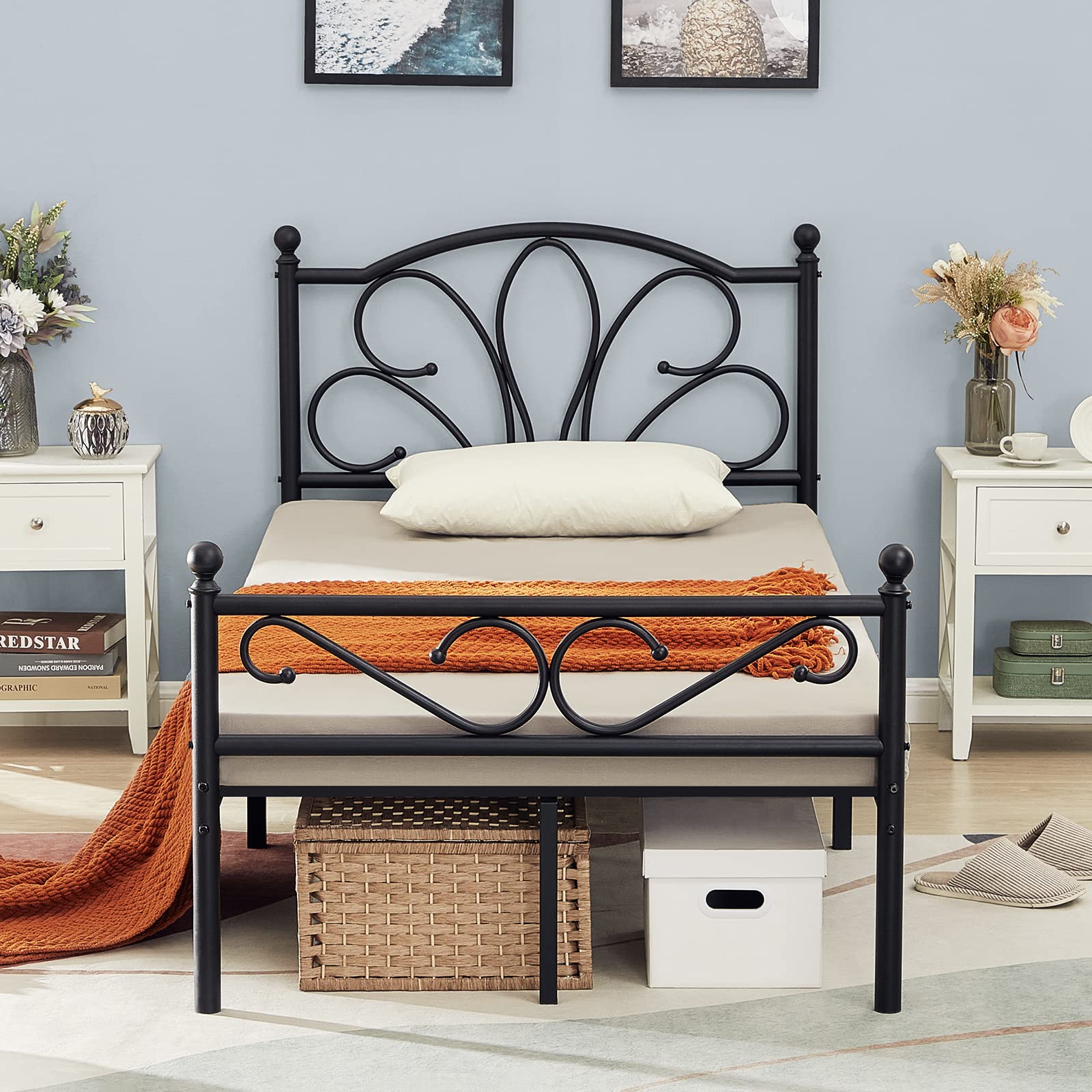 GreenForest Twin Size Metal Bed Frame with Headboard - 14 Inch Platform Base with Underbed Storage Space | No Box Spring Required | Sturdy Mattress Foundation | Easy Assembly in Black | Perfect for Small Bedrooms, Guest Rooms & Dorm Rooms