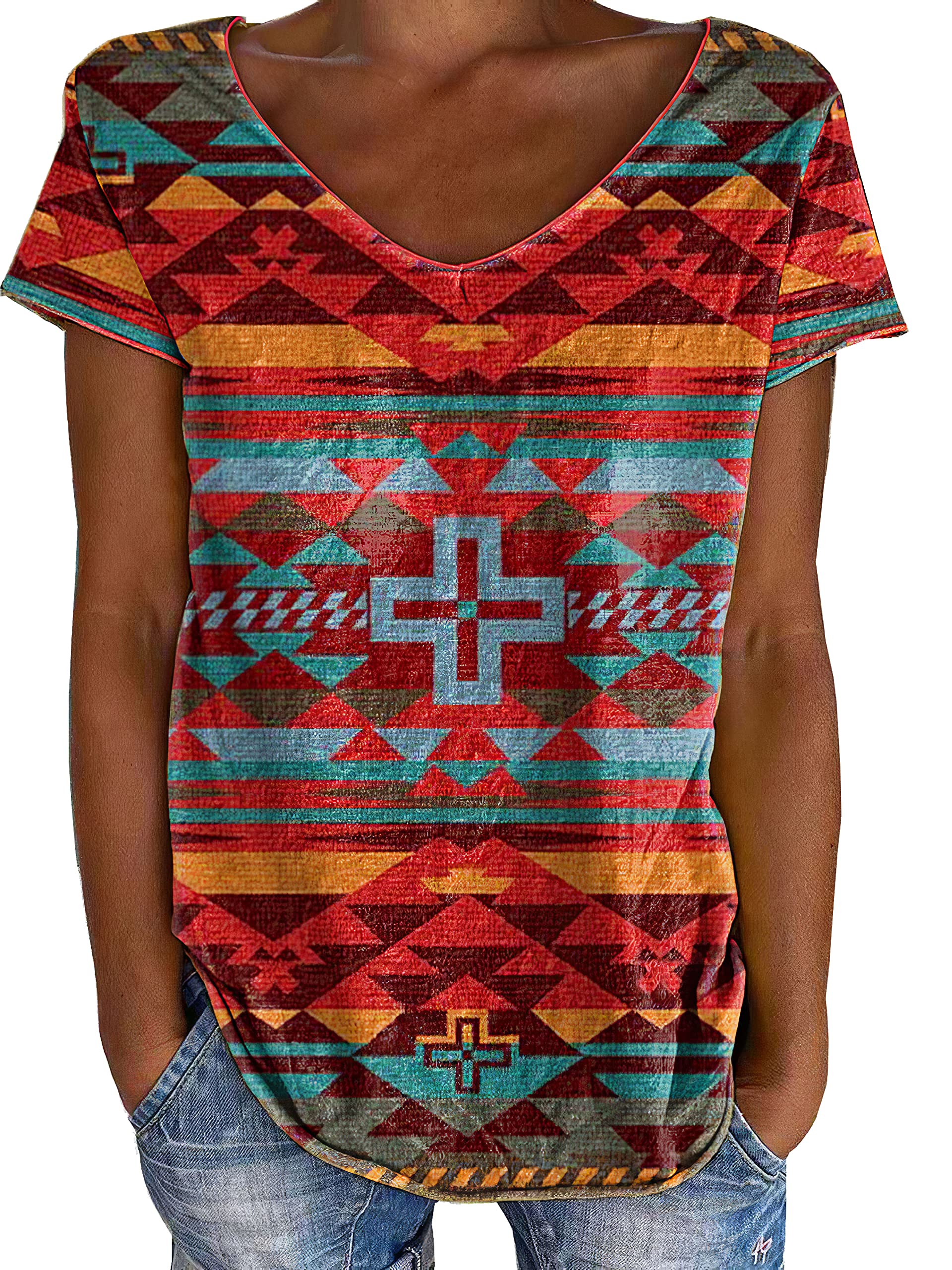 Akivide Women's Western Ethnic Style Geometric Rhombus Printed T-Shirt - Oversized Crewneck Casual Summer Tee for Women - Perfect for Music Festivals, Beach Outings & Boho Fashion