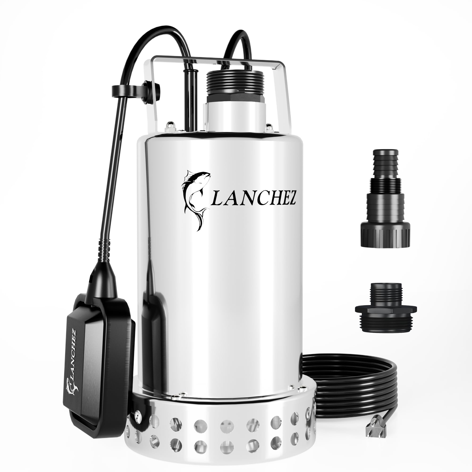 Lanchez 2610GPH Stainless Steel Submersible Sump Pump with Automatic Float Switch - Heavy Duty Portable Water Utility Pump with Copper Wire Motor & 25FT Cord - Ideal for Pool Draining, Pond Maintenance, Basement Flooding, and Emergency Water Removal
