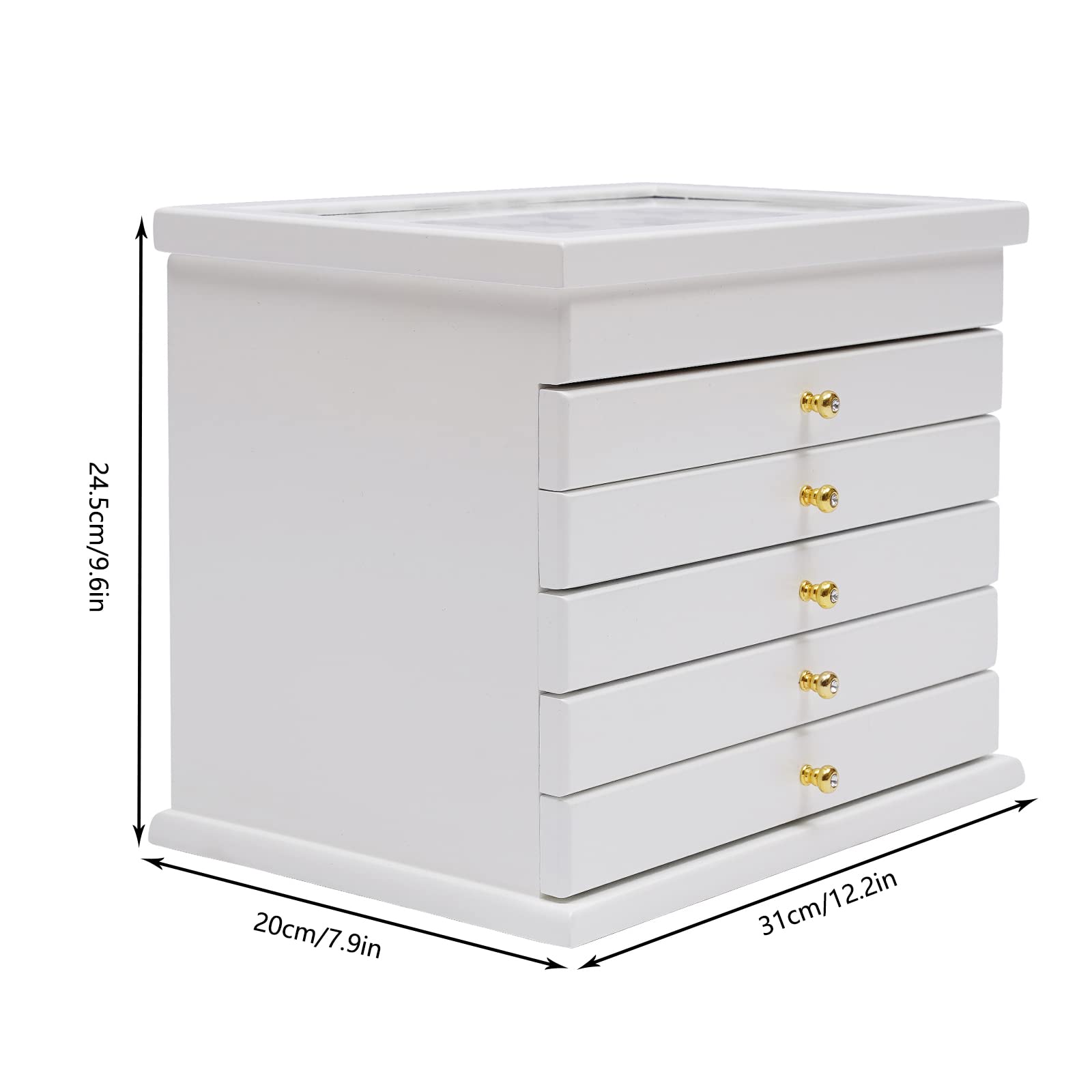 TFCFL 6-Layer Wooden Jewelry Box Organizer for Women - 5 Drawers Storage Case for Rings, Watches, Necklaces & Accessories (White) | Perfect for Bedroom Vanity, Travel & Gift Giving