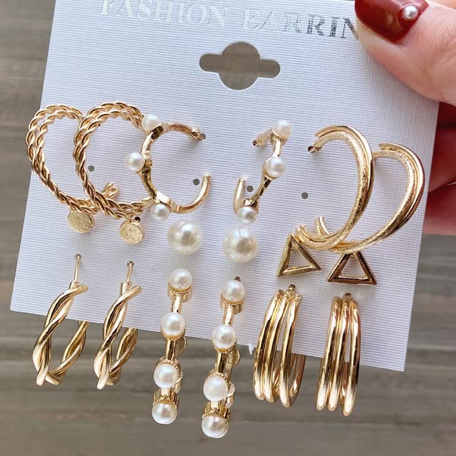 Golden Plated Triangle Pearl Stud & Twisted Hoop Earrings Set - 9 Pairs for Women & Girls | Elegant Jewelry for Parties, Weddings & Daily Wear