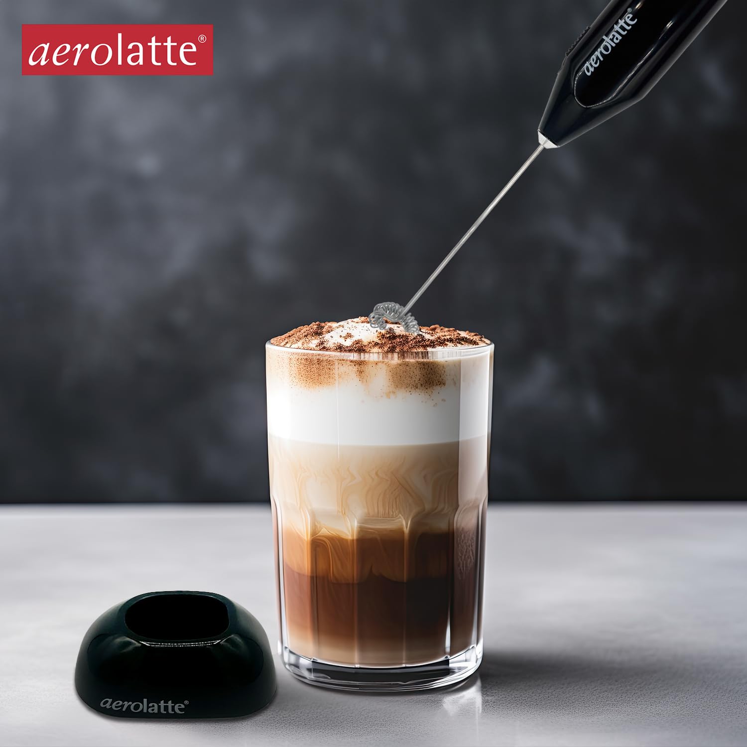 Original Aerolatte Milk Frother with Counter Stand - Steam-Free Handheld Frother for Coffee, Latte & Cappuccino - Perfect for Home, Office & Cafe Use - Black