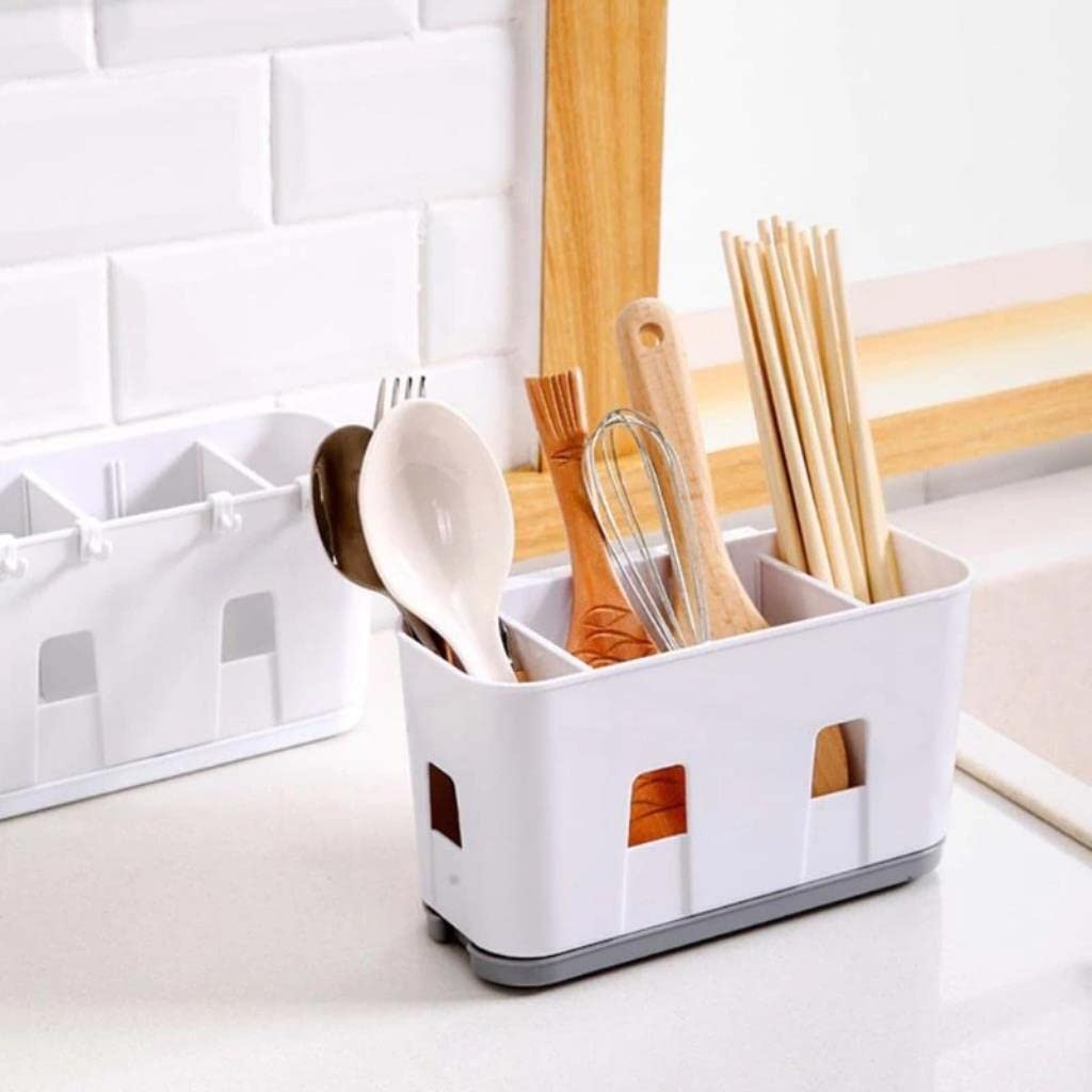 Wall Mounted Kitchen Utensil Organizer with Drip Tray - Cutlery Drainer Rack for Spoons, Forks, Chopsticks - Space Saving Cabinet Storage Solution (Gray) - Perfect for Small Kitchens & Organized Cooking Spaces