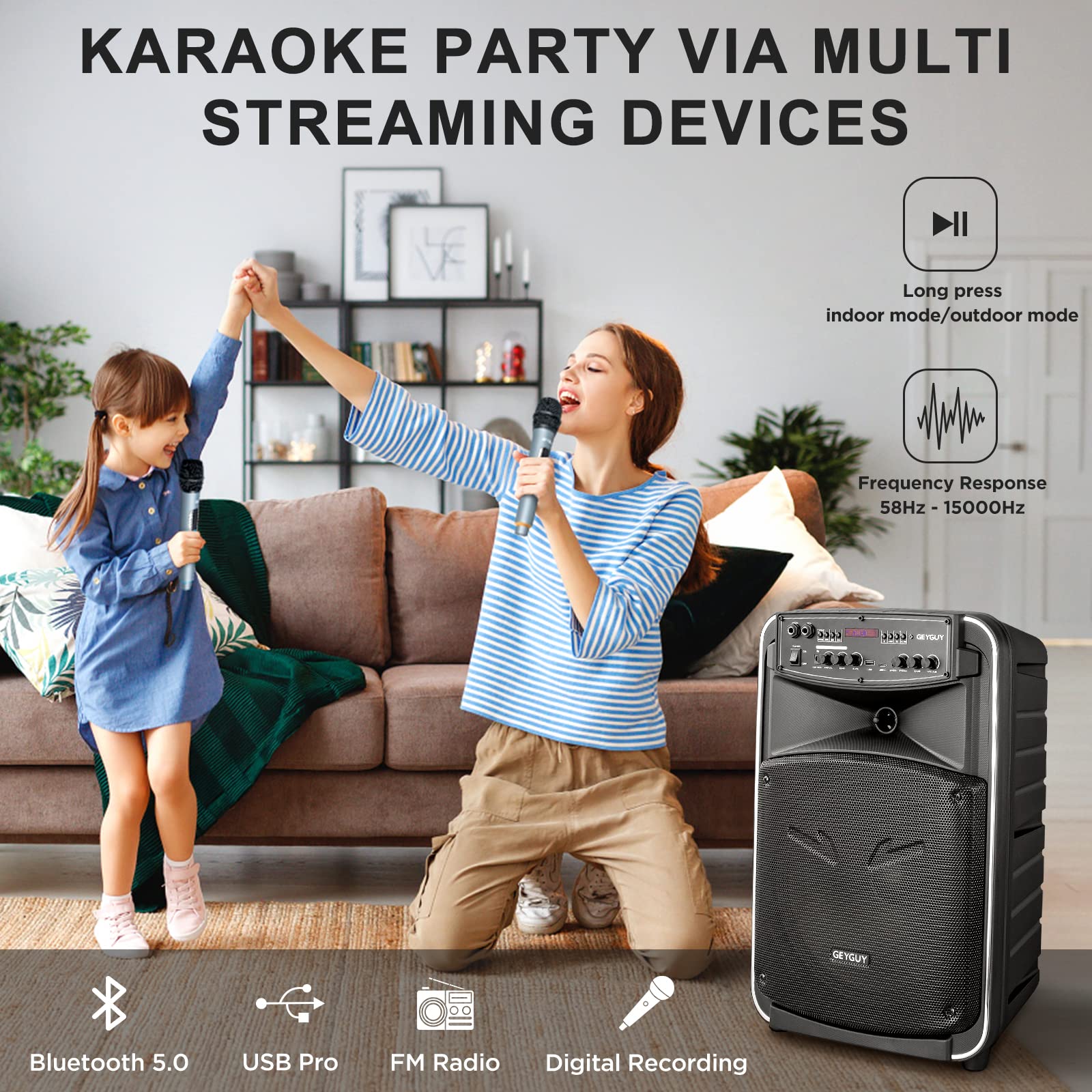 GTSK12-2 DSP Portable Bluetooth PA System Speaker with 2 Wireless Microphones, 12