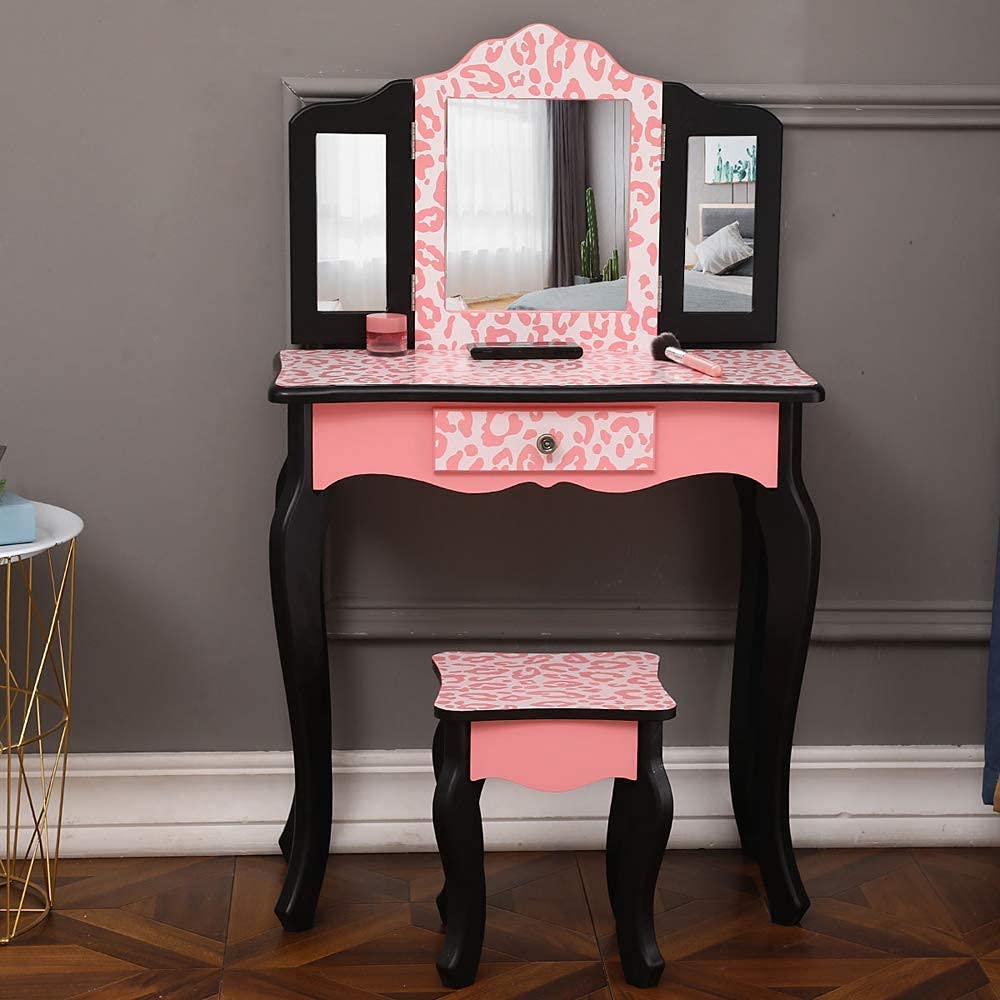 Bonnlo Kids Vanity Set - Modern Princess Vanity Table with Stool & Tri-Folding Mirror, Girls Makeup Dressing Table with Drawer, Perfect for Bedroom Decor & Pretend Play (Pink/White) - Ideal for Birthday Gifts, Room Makeover & Dress-Up Playtime