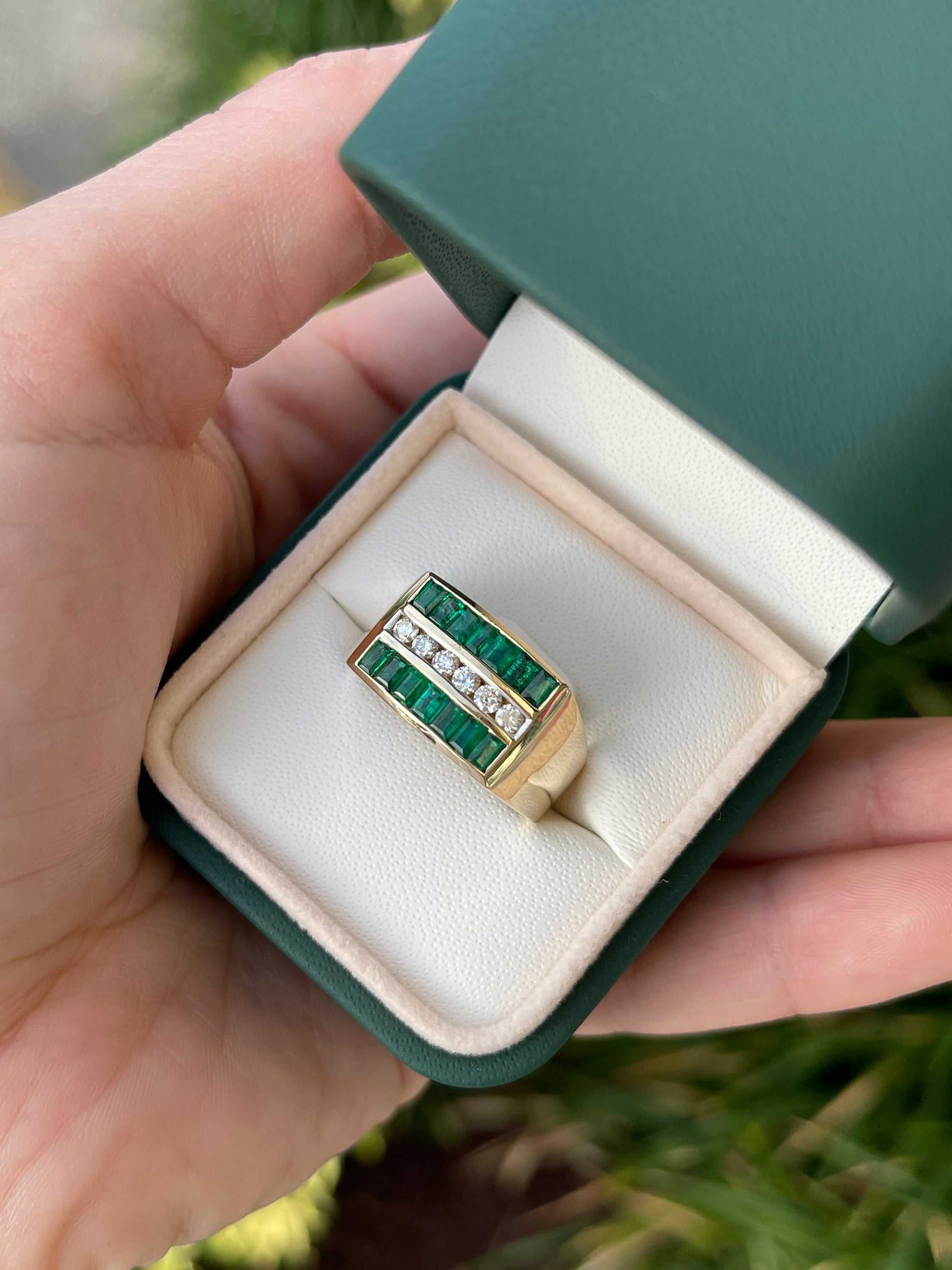 1.84tcw Natural Emerald & Diamond Men's Channel Set Ring 14K Gold - Elegant Wedding Band, Anniversary Gift for Him, Perfect for Special Occasions & Everyday Wear
