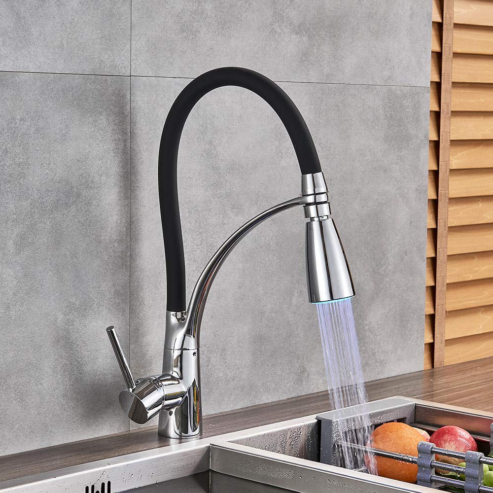 Stainless Steel Chrome LED Kitchen Sink Faucet - Pull Down Swivel Sprayer with Hot/Cold Water Mixer - Perfect for Modern Kitchens & Bathrooms (Deck Mount Installation)