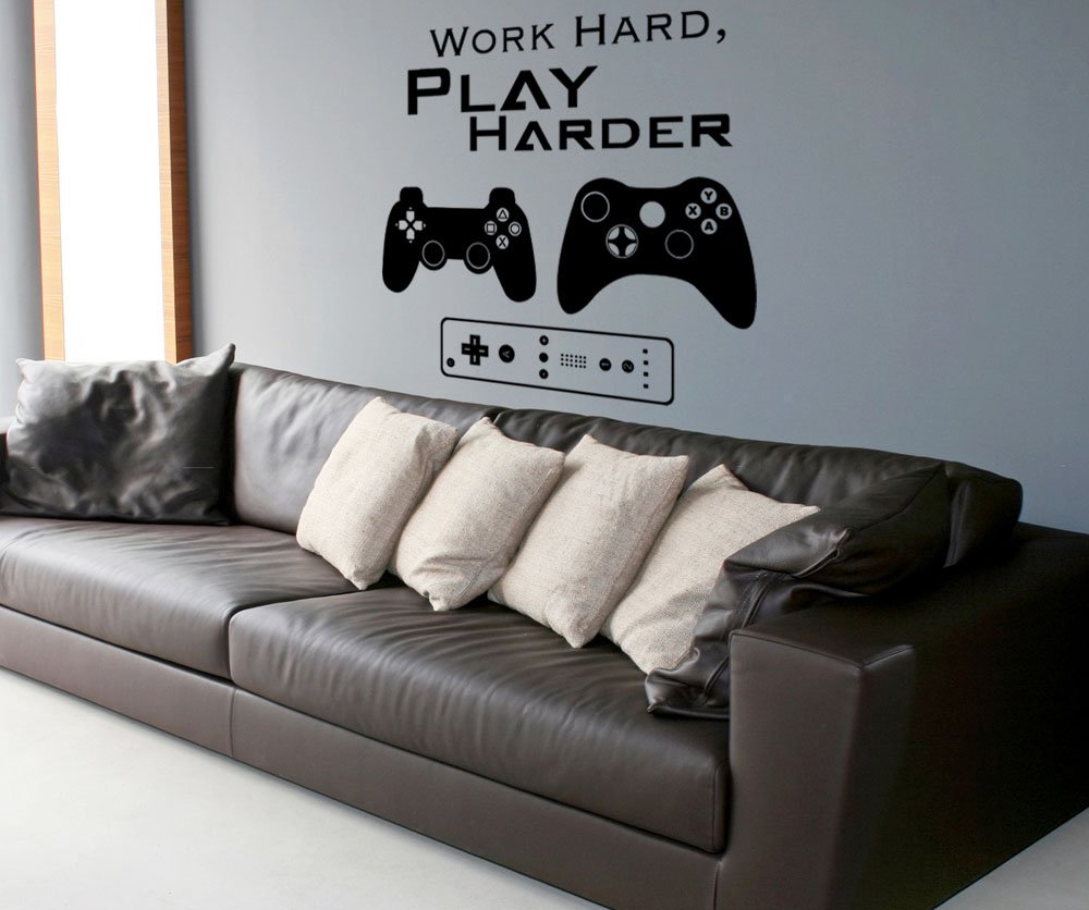 Gamer Wall Decal - Work Hard Play Harder Quote in Black | 42x46 Inches | Motivational Gaming Room Decor for Bedroom & Office | Vinyl Sticker Art #1323m