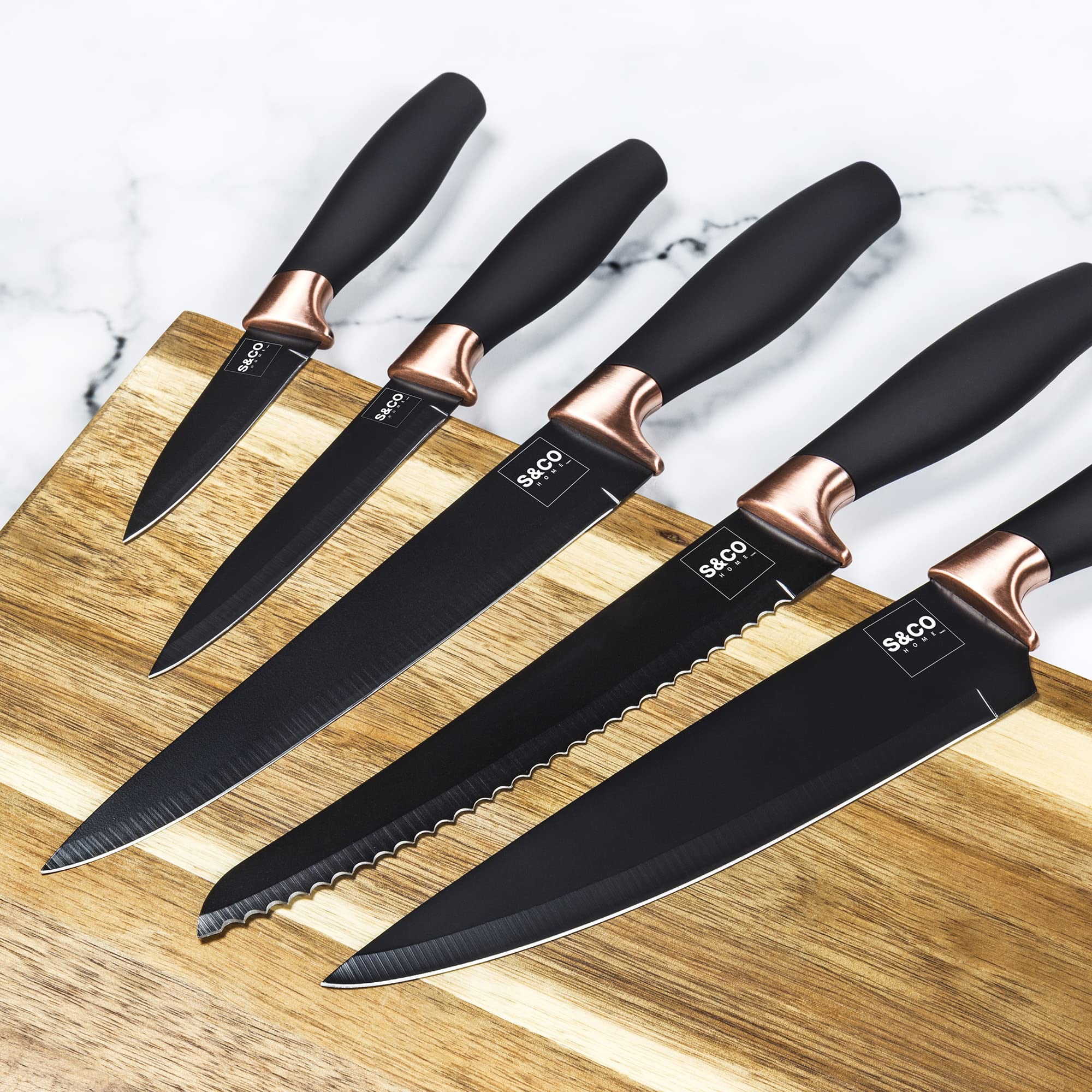 Premium 6-Piece Kitchen Knife Set with Acrylic Block - Ultra Sharp Stainless Steel Knives with Non-Stick Coating - Chef, Bread, Carving, Utility & Paring Knives - Elegant Black & Rose Gold Handles - Perfect for Home Cooking, Professional Chefs & Gift Giving
