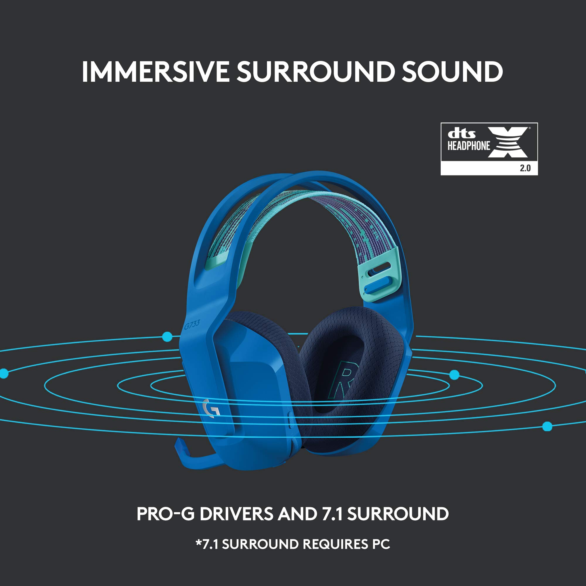 Logitech G733 LIGHTSPEED Wireless Gaming Headset with Suspension Headband, LIGHTSYNC RGB, Blue VO!CE Mic Technology & PRO-G Audio Drivers - Blue | Perfect for PC, PS5, Xbox & Streaming