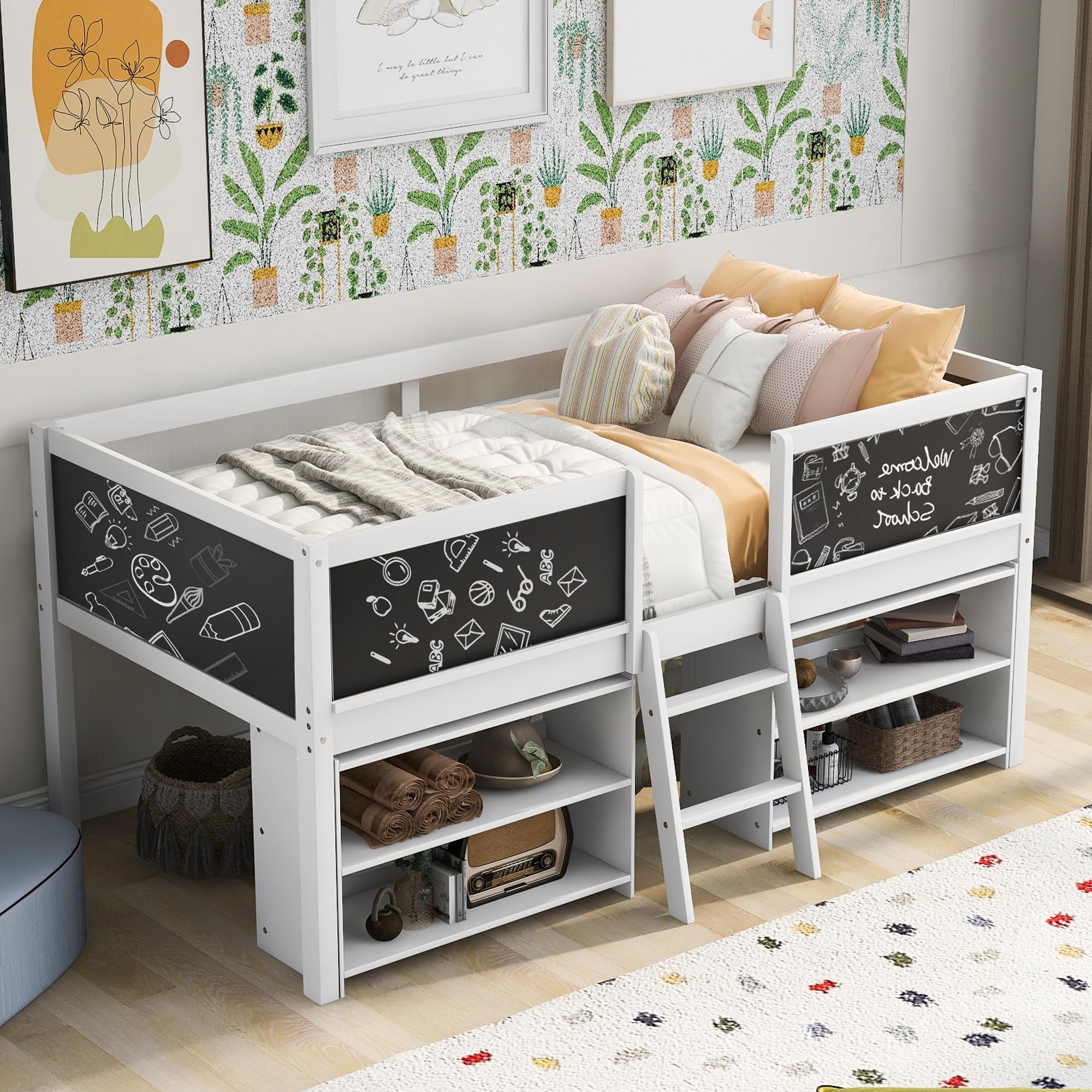 Modern Farmhouse Twin Loft Bed with Storage Shelves & Chalkboard - Space-Saving Kids Bed Frame for Boys & Girls - White - Perfect for Small Bedrooms, Dorm Rooms & Playrooms