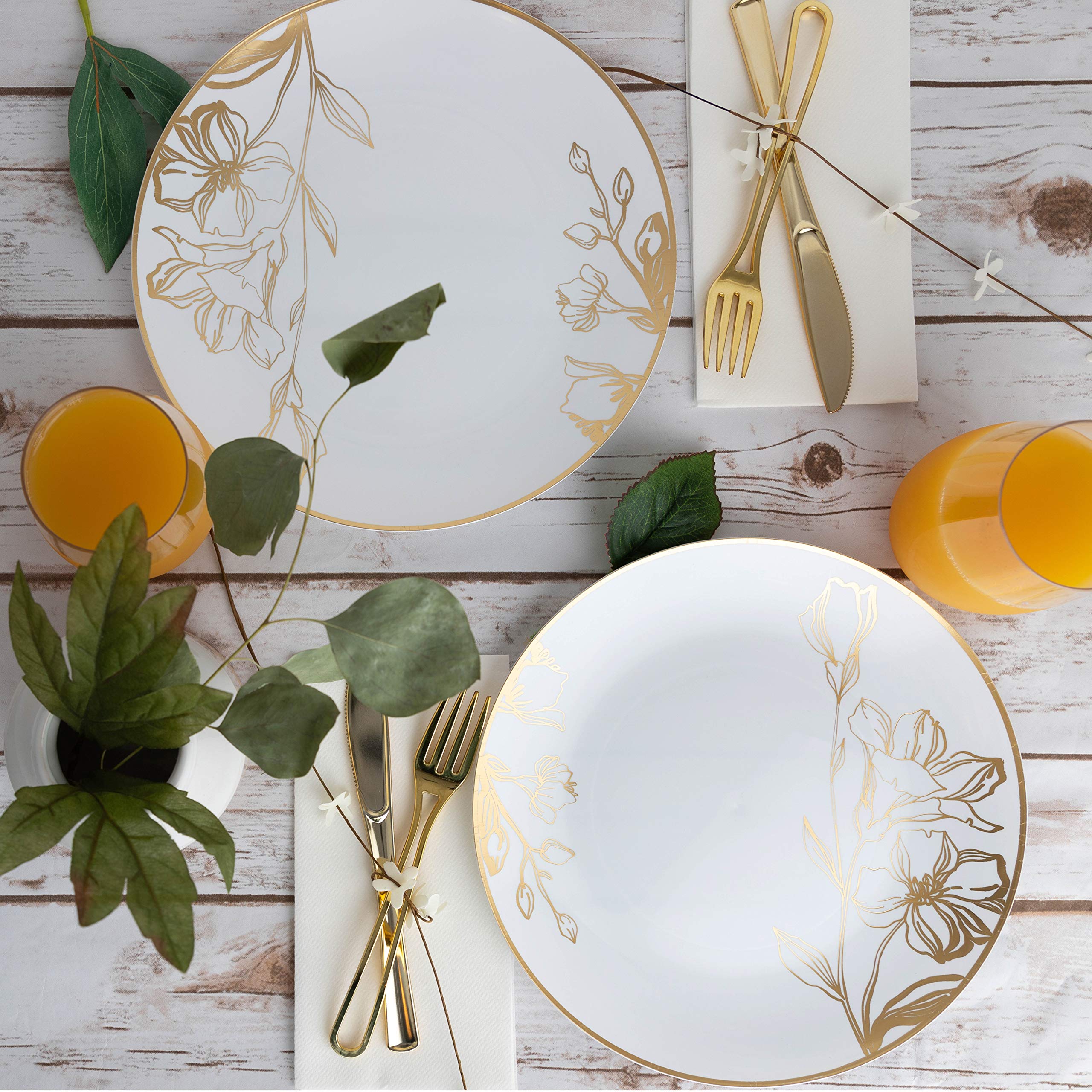 Elegant White Plastic Floral Design Party Plates with Gold Rim - Premium Heavyweight Disposable Tableware (10 Inch, 120 Count) for Weddings, Baby Showers & Special Events