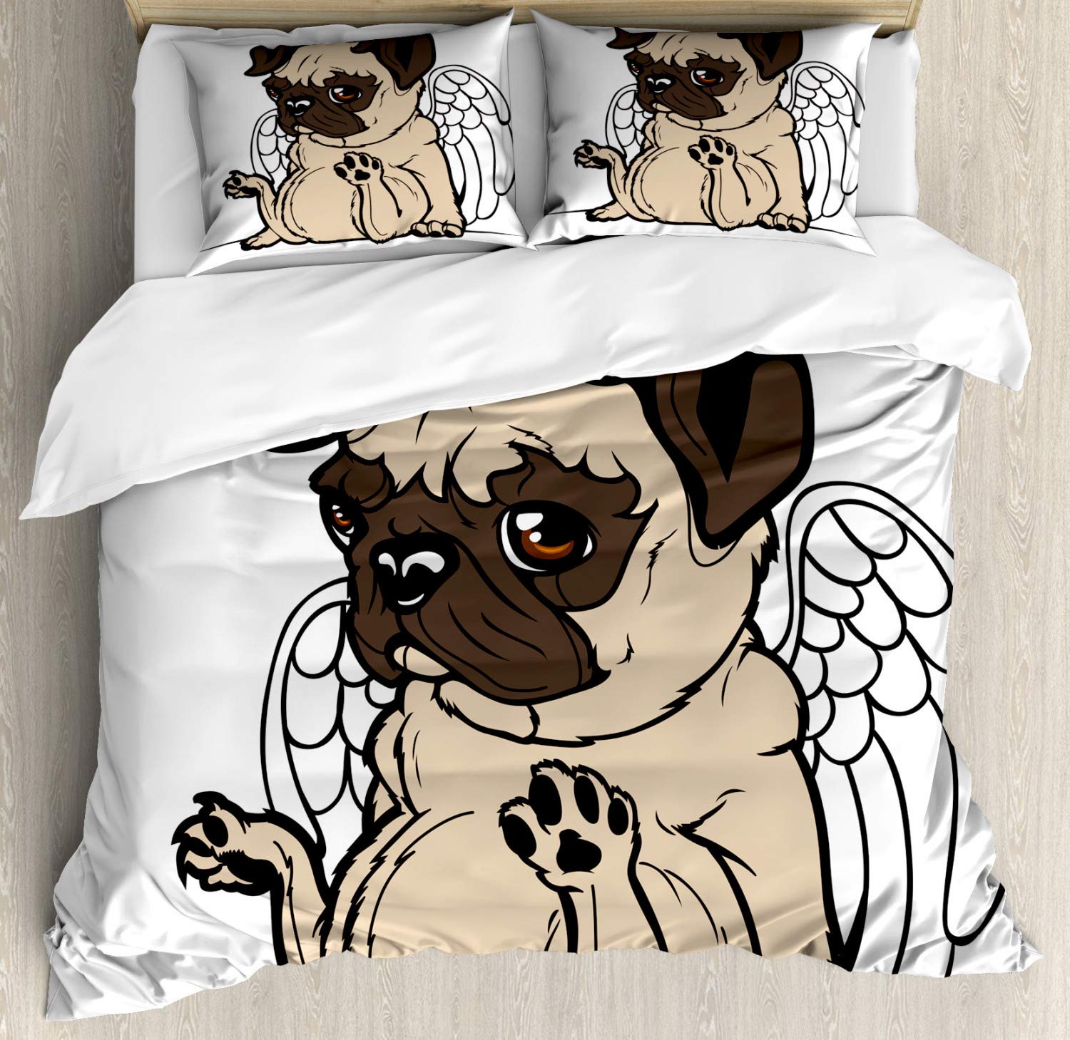 Ambesonne Pug Duvet Cover Set - King Size 2-Pack with 2 Duvet Covers & 4 Pillowcases, Cute Puppy Angel with Hare Design in Orange Beige - Perfect for Dog Lovers' Bedroom Decor and Cozy Home Styling