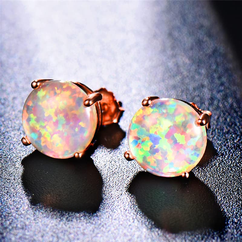 925 Sterling Silver Rose Gold Small Round Stud Earrings for Women - Cute White Fire Opal Earrings | Perfect for Everyday Wear, Gift Giving & Special Occasions