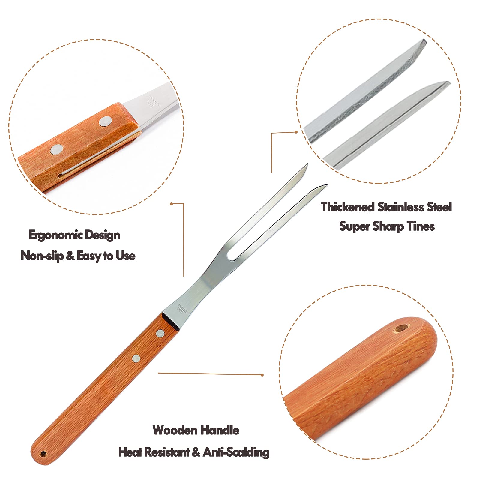 2 Pack 13 Inch Stainless Steel Carving Forks with Wooden Handle - Heavy Duty BBQ Forks for Grilling, Roasting, Serving Meat - Perfect for Outdoor Cooking, Camping, and Holiday Dinners