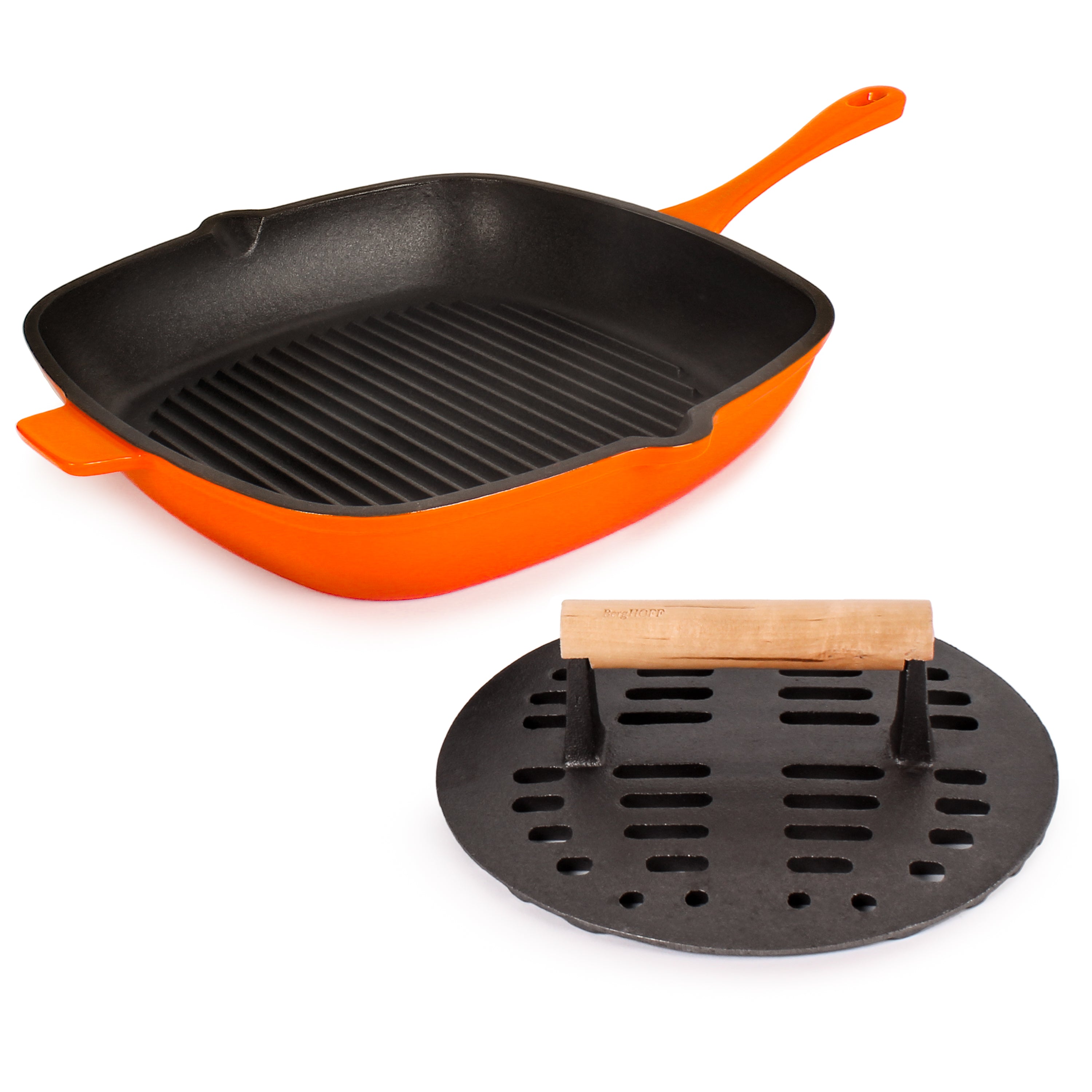 BergHOFF Neo 2-Piece Cast Iron Grill Pan Set with Slotted Steak Press, 11-Inch Nonstick Griddle Pan for Stovetop & Oven, Orange - Perfect for Grilling Steaks, Burgers & Vegetables Indoor or Outdoor Cooking