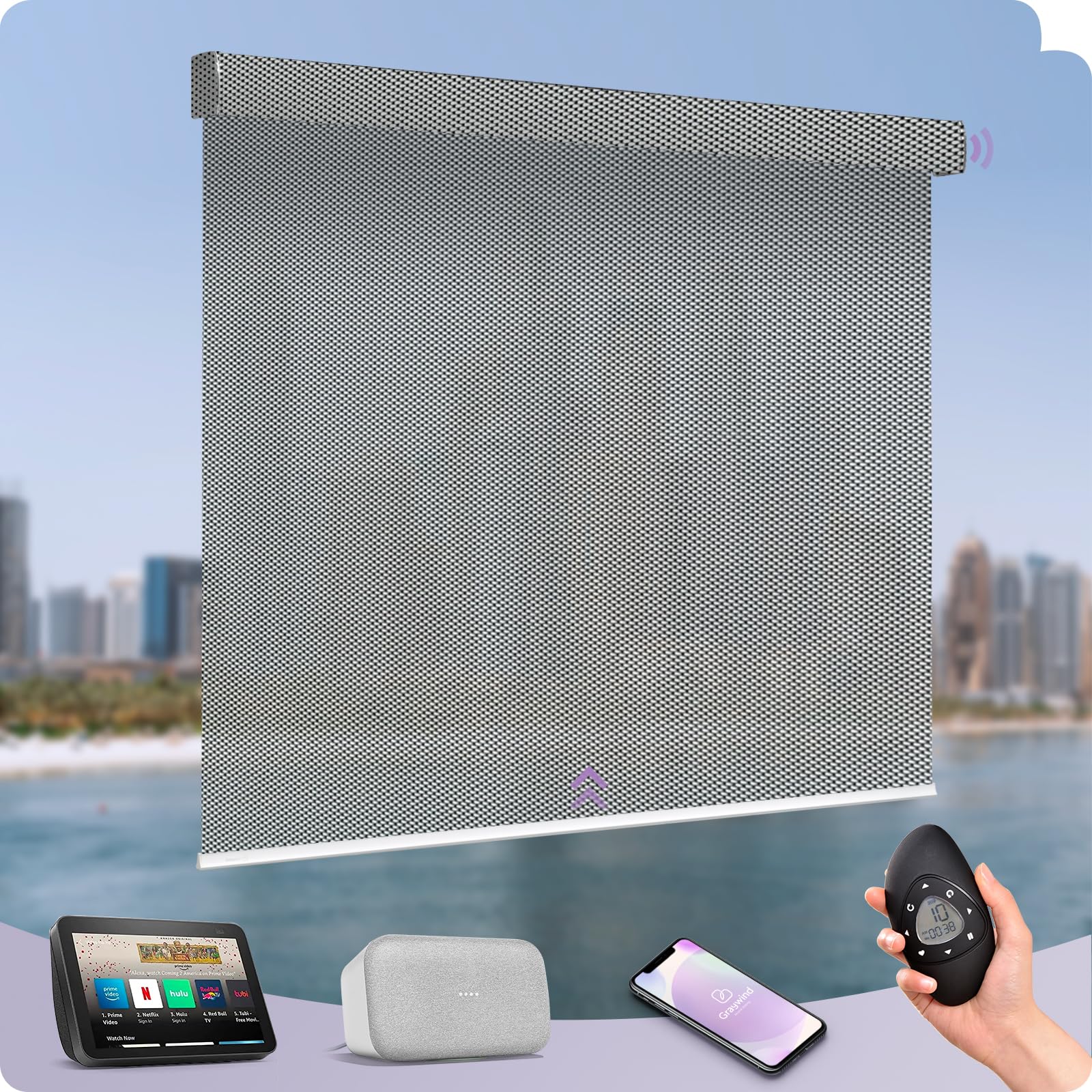 Motorized Solar Shades - Light Filtering Mesh Window Blinds with Alexa & Google Assistant Compatibility, Remote Control & Valance for Smart Homes, Offices & Businesses | Custom Size (3% Openness Silver) | Perfect for Sun Protection & Smart Home Automation