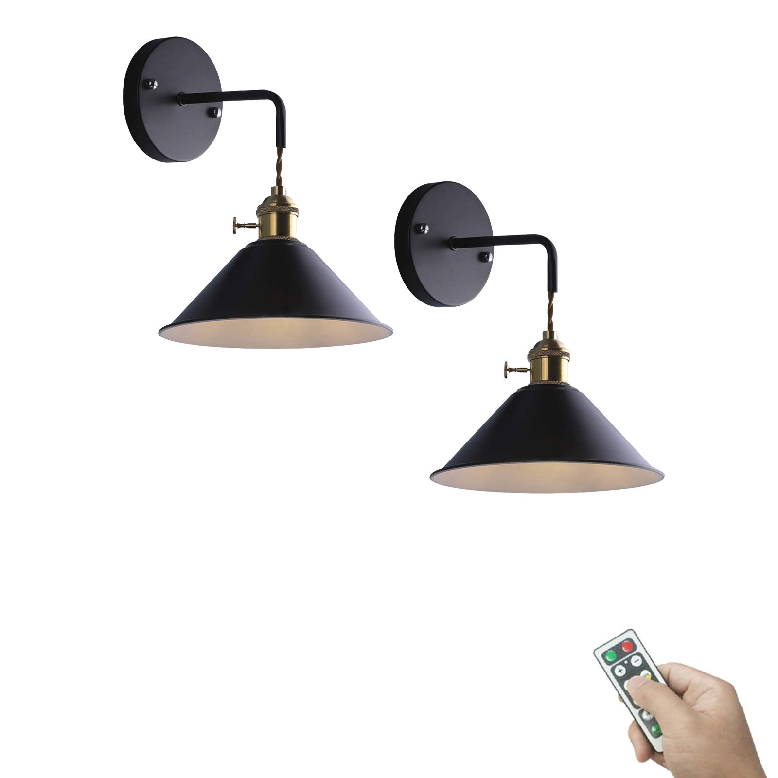2-Pack 100 Lumens LED Wall Sconce with Remote Control - Battery Operated Cordless Wall Light, Black Metal Shade, Dimmable Multi-Function Lamp for Hallway, Loft, Bedroom & Living Room Decor - Easy Installation (Batteries Not Included)