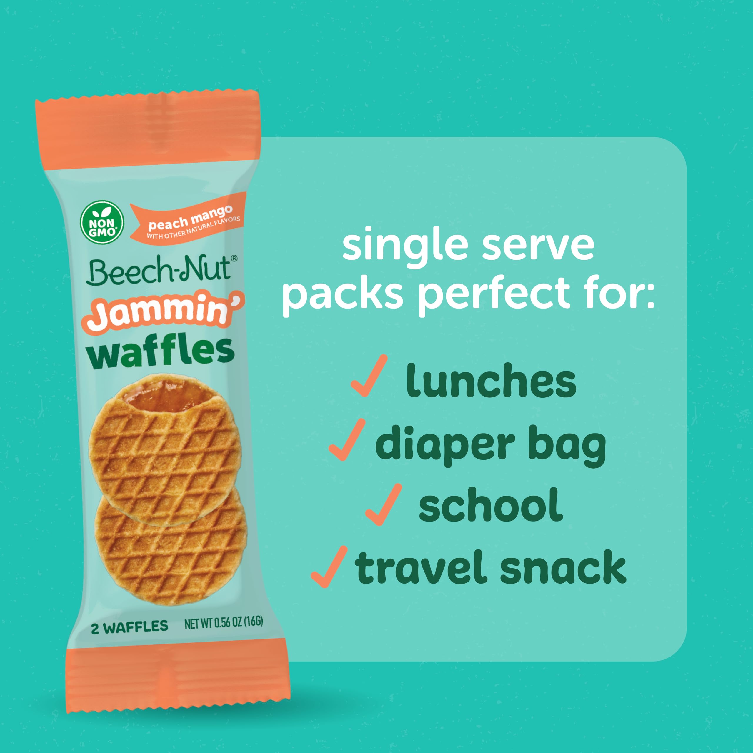 Beech-Nut Toddler Snacks - Jammin' Waffles with Peach Mango Fruit Filling for Babies & Toddlers (10 Boxes, 50 Individually Wrapped Packs) | Healthy On-the-Go Snack for Daycare, Travel & Playtime
