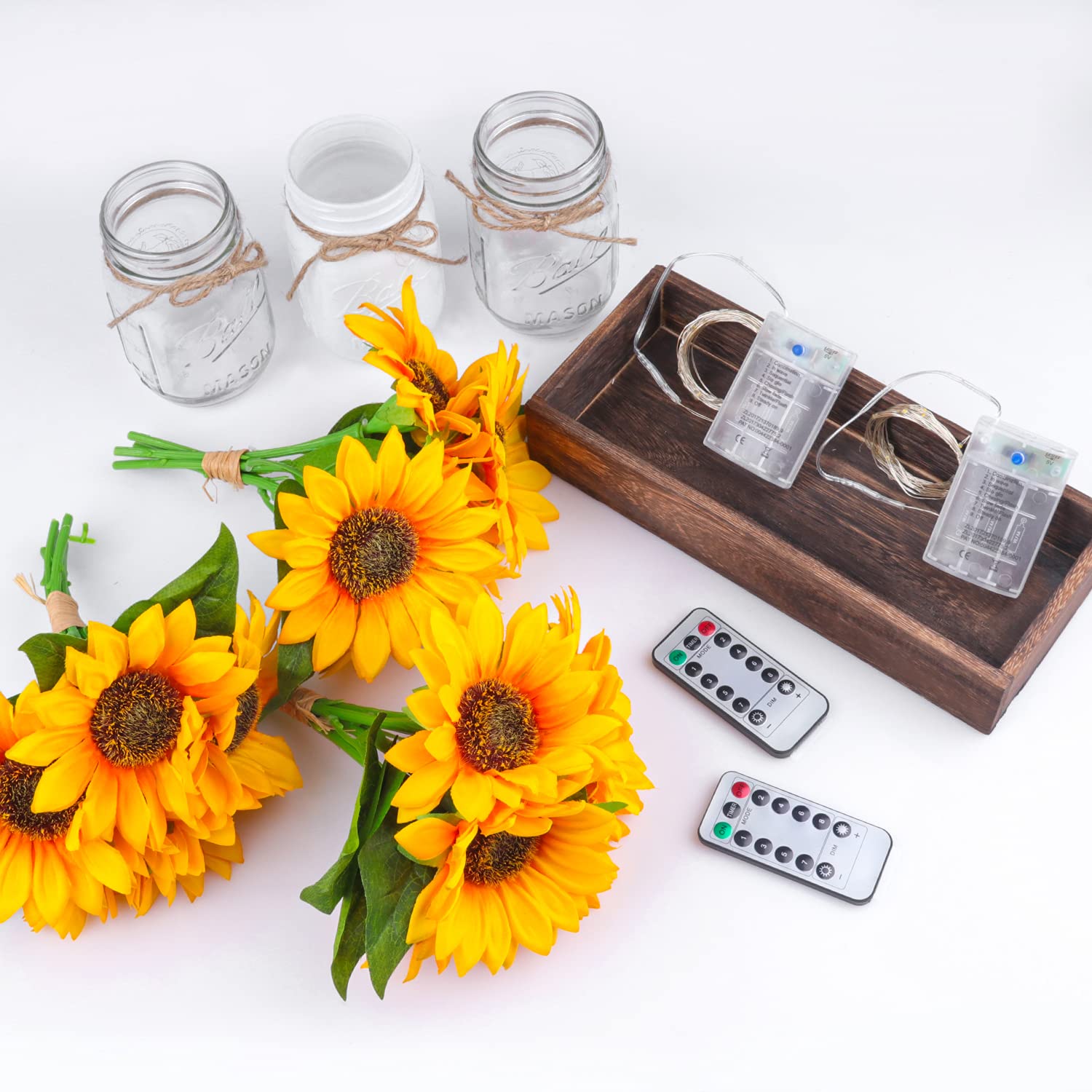 Fowecelt Mason Jar Lights with Wood Tray - 3 Jars Sunflower Farmhouse Table Centerpiece for Dining Room, Living Room, Kitchen Decor | Perfect for Wedding, Party, Coffee Shop & Home Decoration