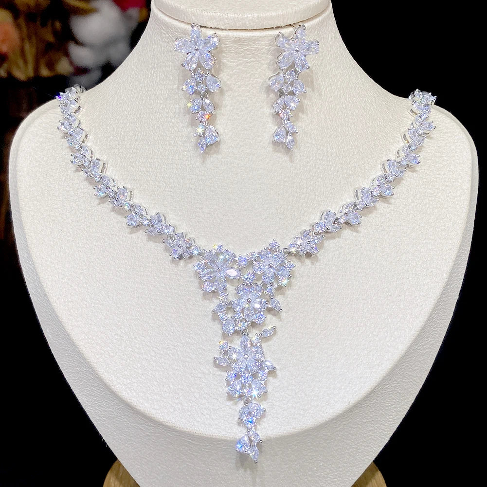 Elegant Cubic Zirconia Flower Necklace Set - Perfect for Weddings, Bridesmaid Gifts & Special Occasions | Ideal for Bridal Shower, Anniversary & Formal Events