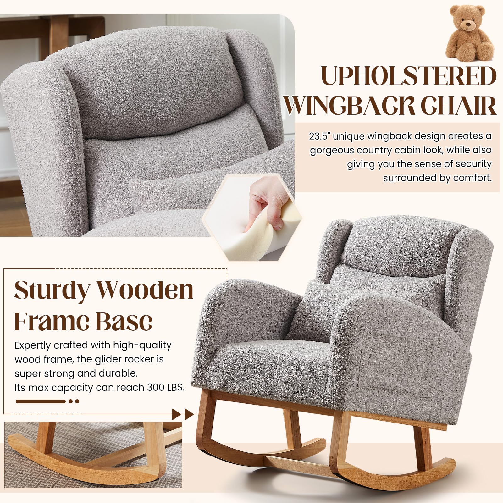 Antetek Modern Grey Teddy Upholstered Nursery Rocking Chair - High Backrest Wingback Accent Armchair with Lumbar Support - Perfect for Nursery, Living Room & Bedroom Relaxation (Grey)