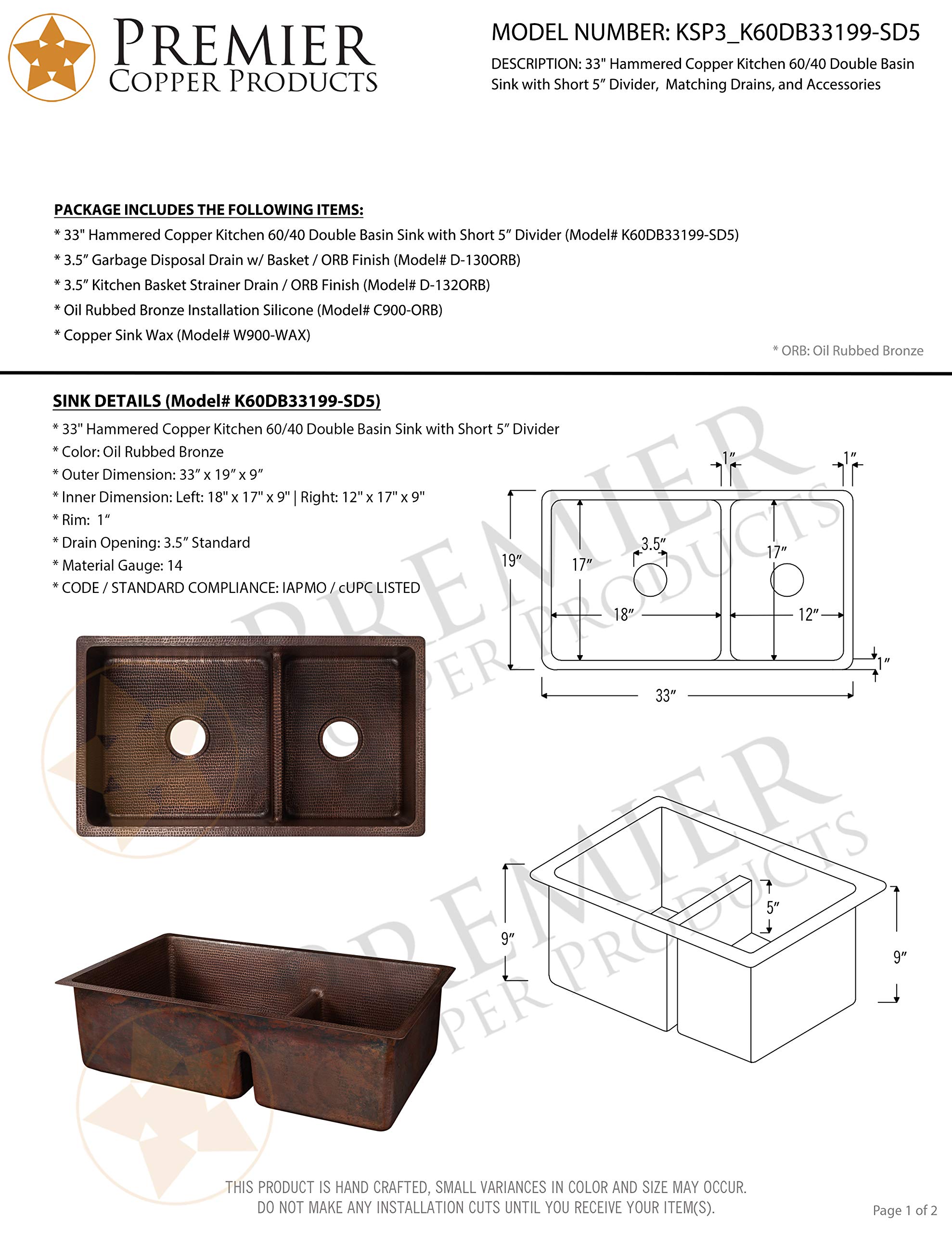 Premier Copper 33-Inch Undermount Kitchen Sink with Drain - Split Basin Copper Farmhouse Sink for Modern & Rustic Kitchens - Perfect for Food Prep, Dishwashing & Farmhouse Style Decor