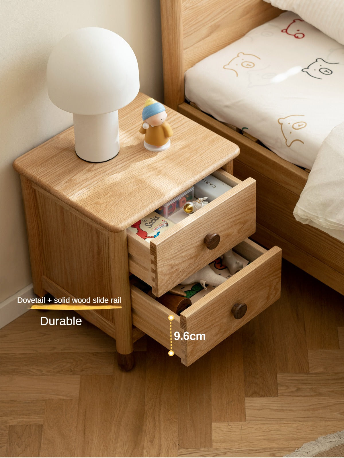 Solid Oak Wood Nightstand with Two Drawers - Bedside Table for Bedroom, Living Room, or Office Storage