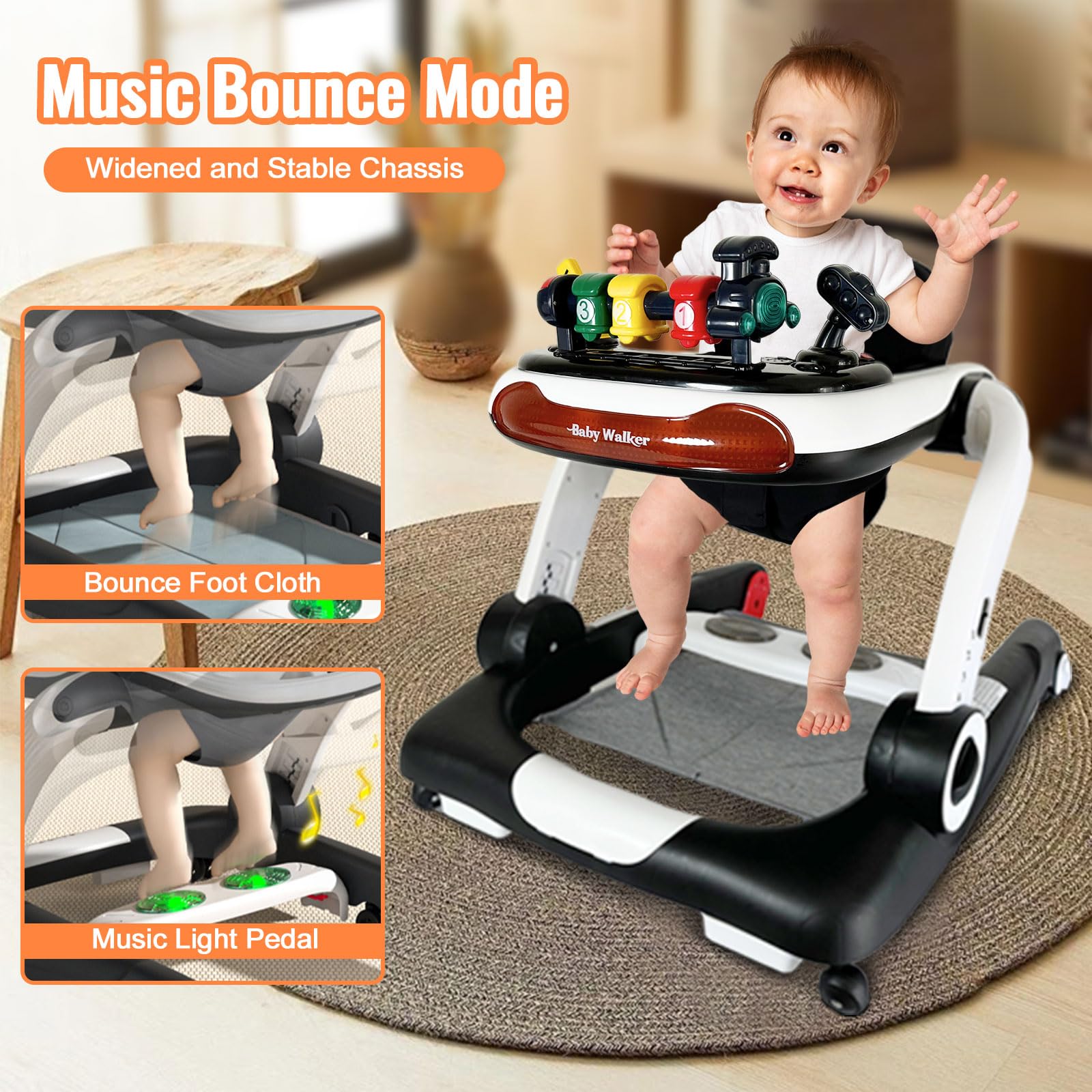 6-in-1 Music & Lights Baby Walker with Wheels - Adjustable Activity Center for Toddlers 7-18 Months | Removable Footrest & Feeding Tray | Interactive Bouncer for Boys & Girls | Perfect for Learning to Walk & Indoor Playtime
